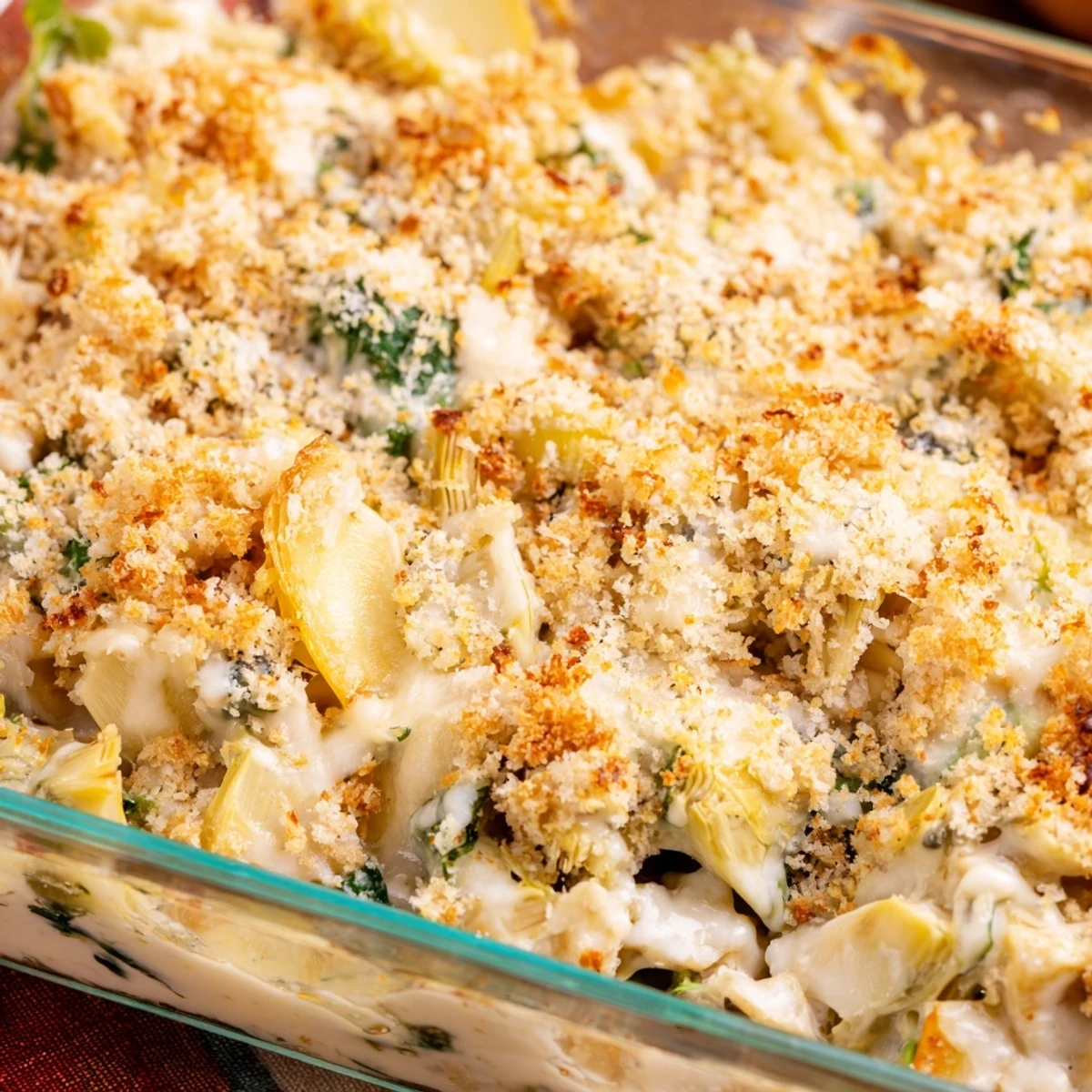 Spoonful of spinach and artichoke chicken casserole showing creamy cheese sauce, tender diced chicken, and crispy baked topping