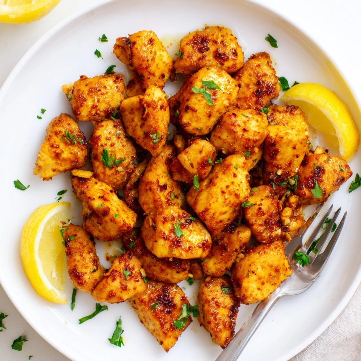 Golden brown Air Fryer Lemon Chicken Bites garnished with fresh parsley and lemon wedges on a white serving plate