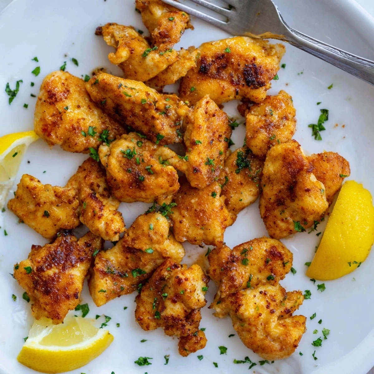 Crispy tender Air Fryer Lemon Chicken Bites arranged in a single layer with herbs and citrus garnish