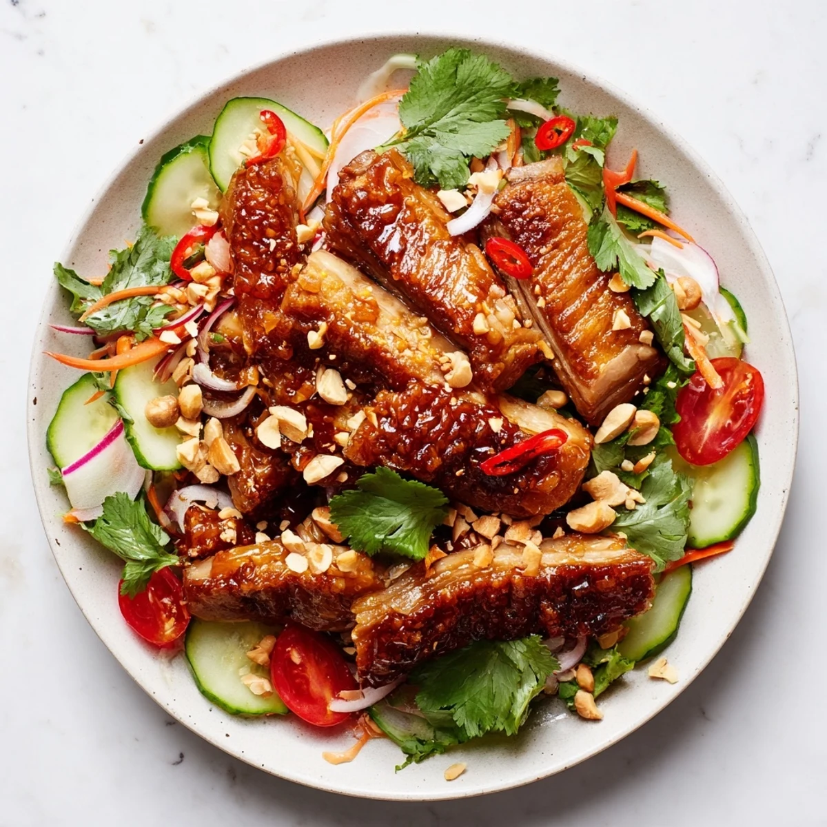 Golden crispy sweet and sour pork belly salad with fresh vegetables and tangy glaze