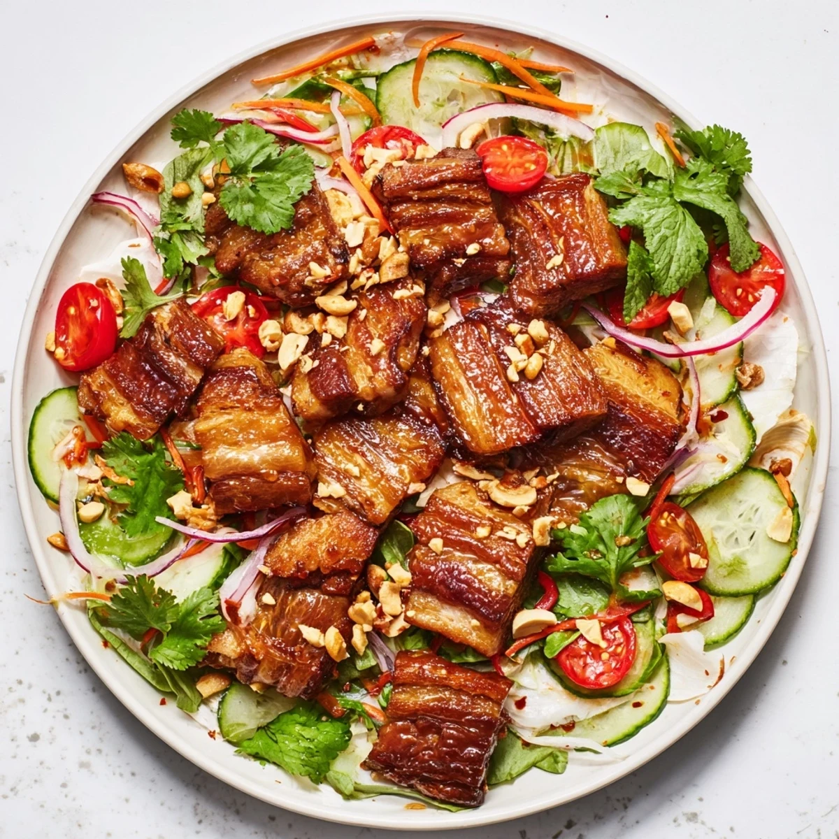 Colorful mixed greens topped with glazed crispy pork belly, peanuts, and sesame seeds