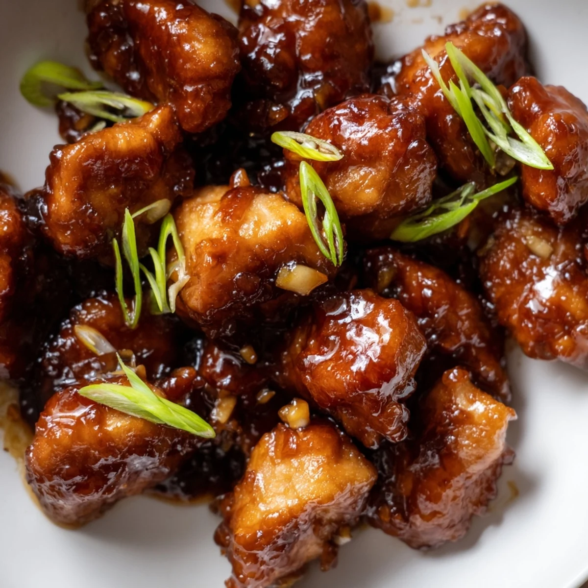 Golden brown Mongolian chicken pieces glistening in a glossy sweet and savory soy ginger sauce