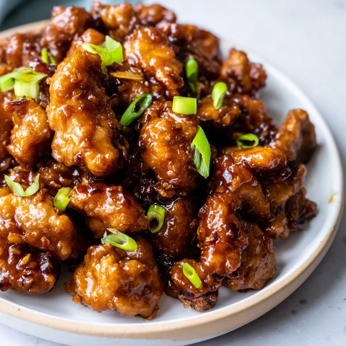 Tender chicken glazed in rich caramelized Mongolian sauce garnished with fresh green onion slices