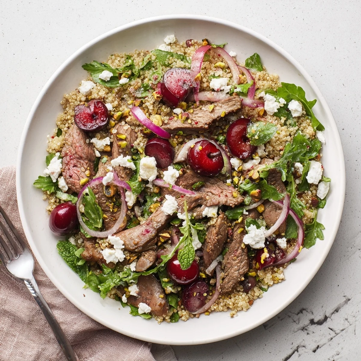 Golden seared lamb strips rest atop fluffy quinoa salad dotted with ruby red cherries and fresh herbs
