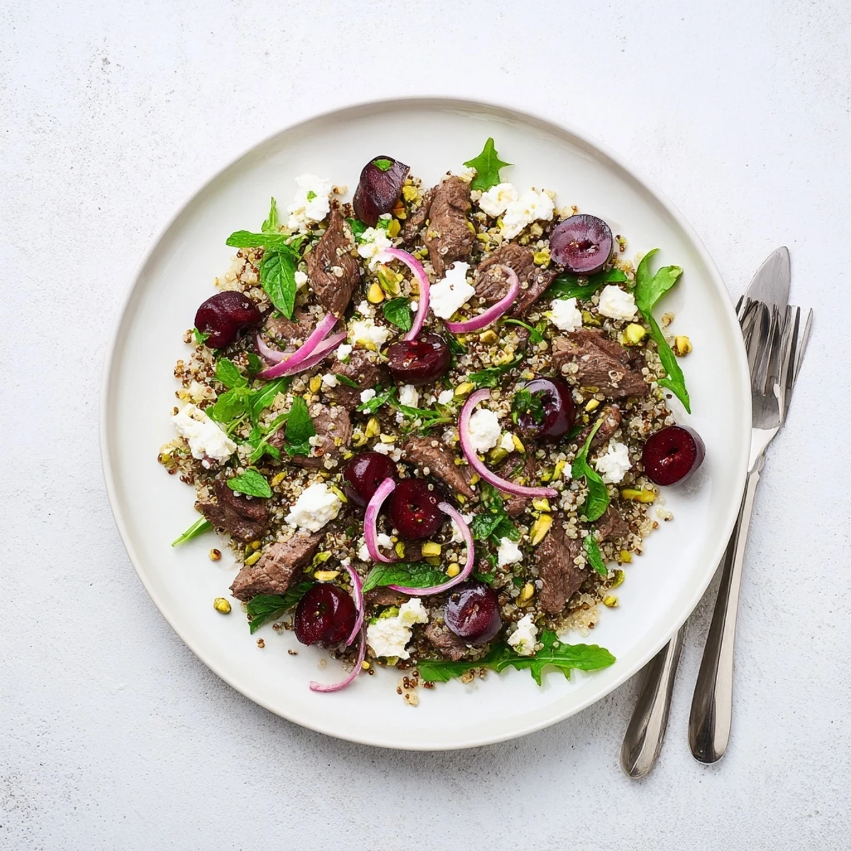 Mediterranean-inspired cherry quinoa salad bowl featuring tender spiced lamb crumbled feta and toasted pistachios