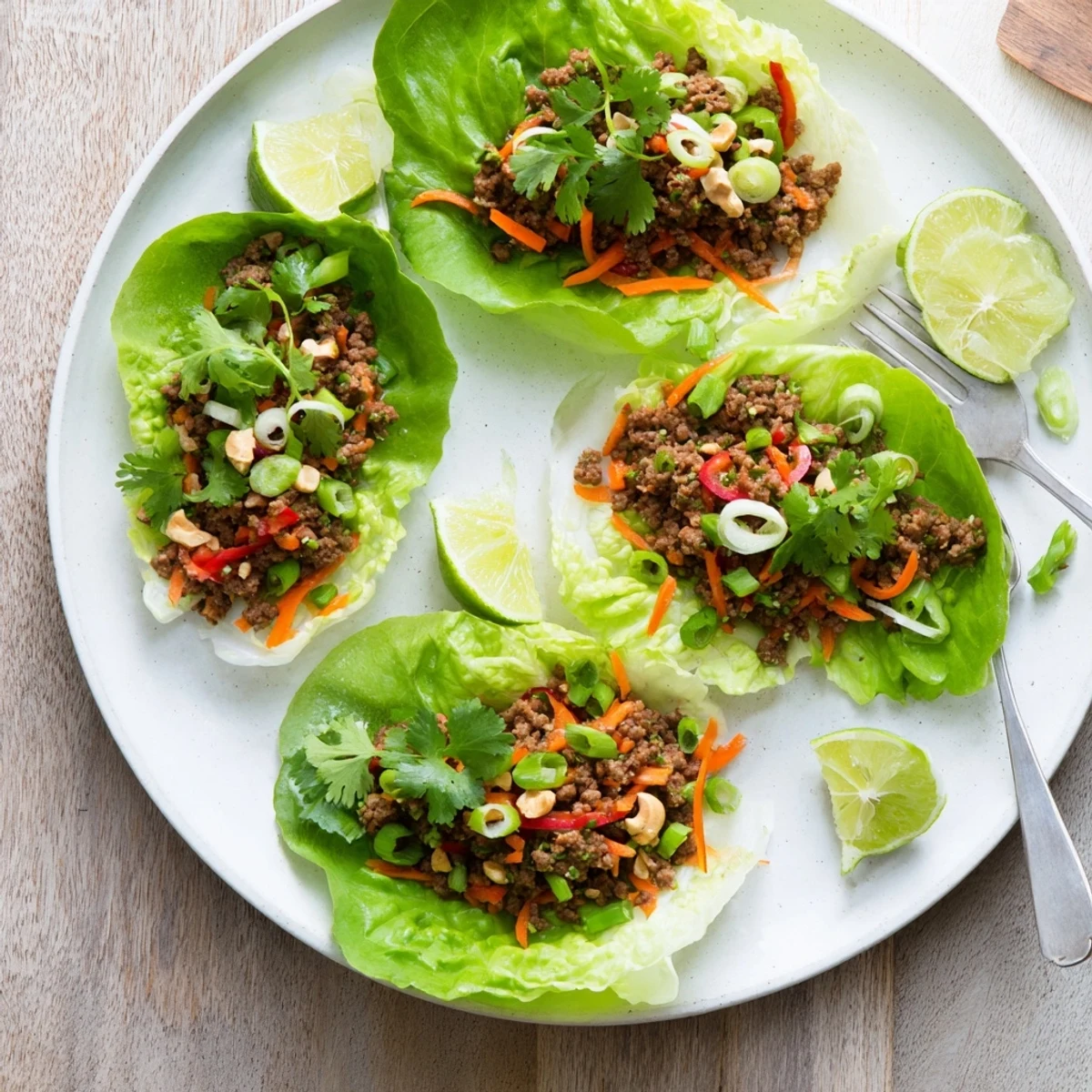 Fresh beef and cashew lettuce cups filled with savory seasoned meat and crunchy nuts