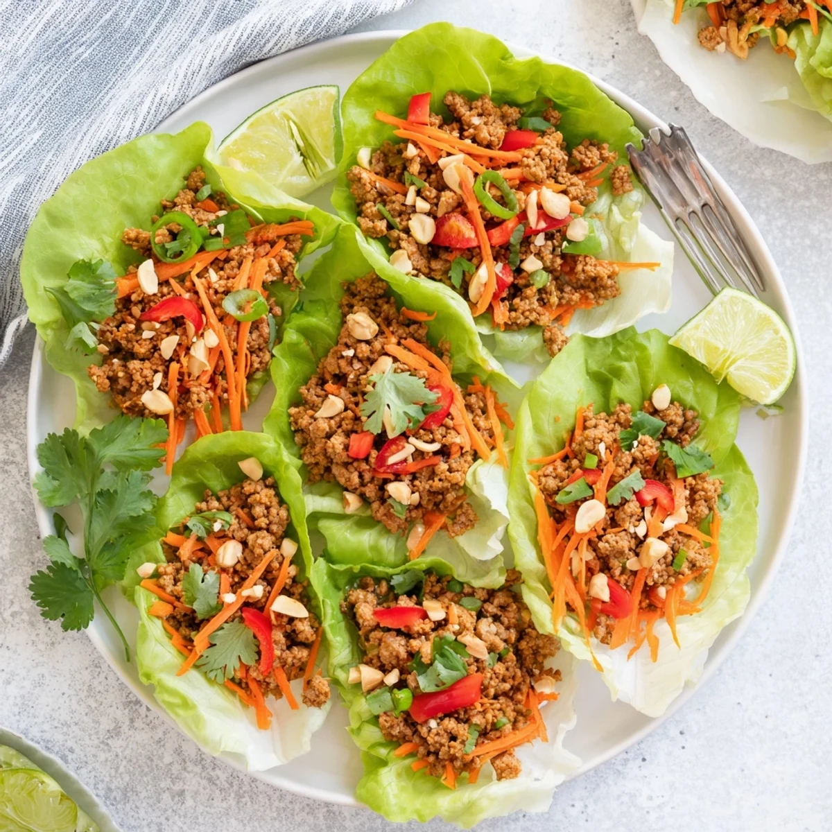 Garnished beef and cashew lettuce cups served with lime wedges and fresh cilantro