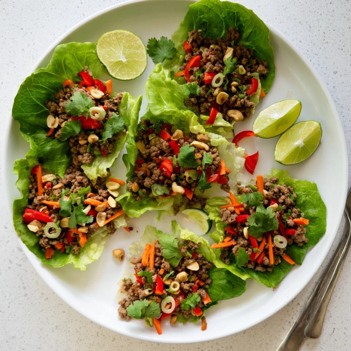 Crisp lettuce leaves piled high with Asian-style ground beef and roasted cashew pieces