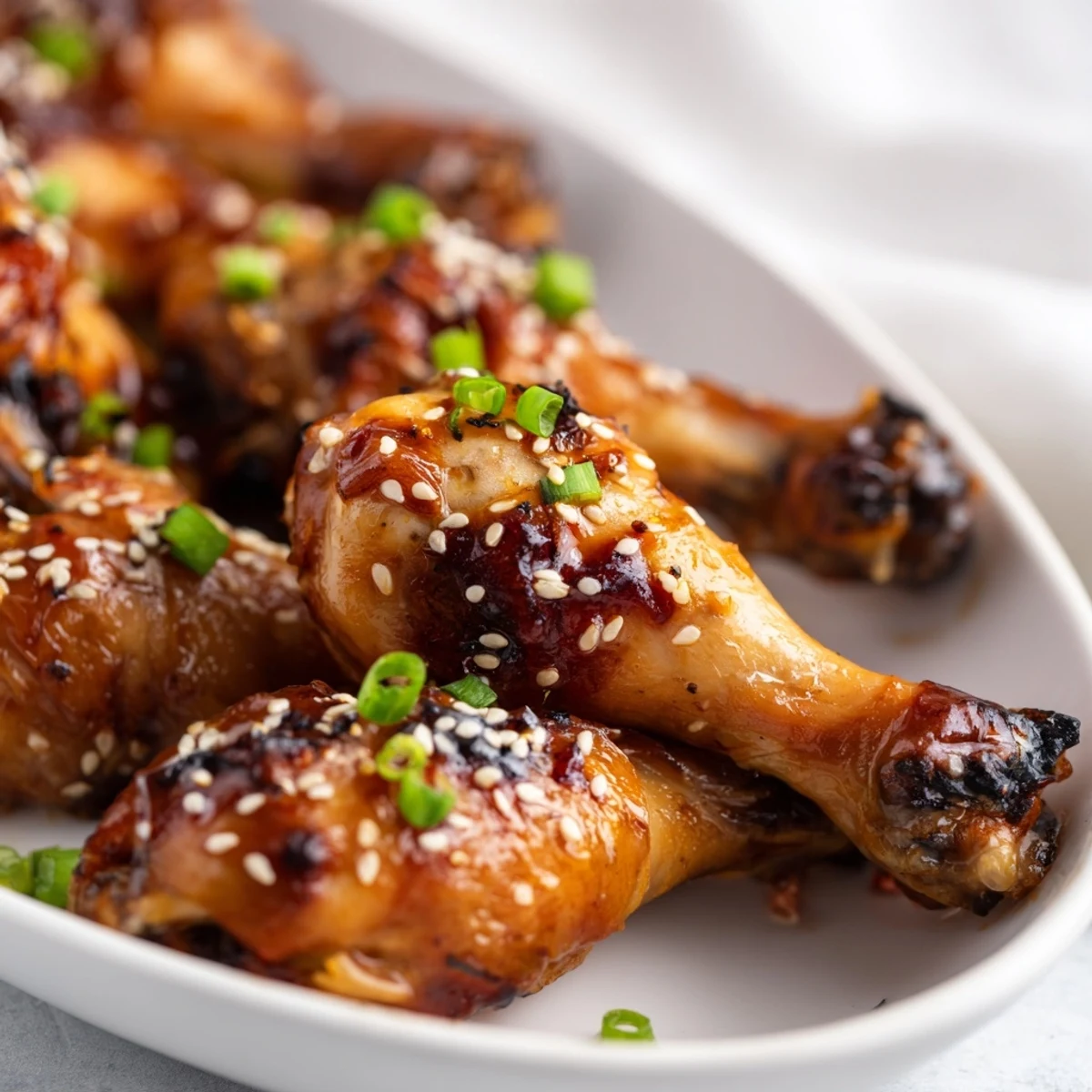 Golden honey garlic baked chicken drumsticks coated in a sticky caramelized glaze on a white baking sheet