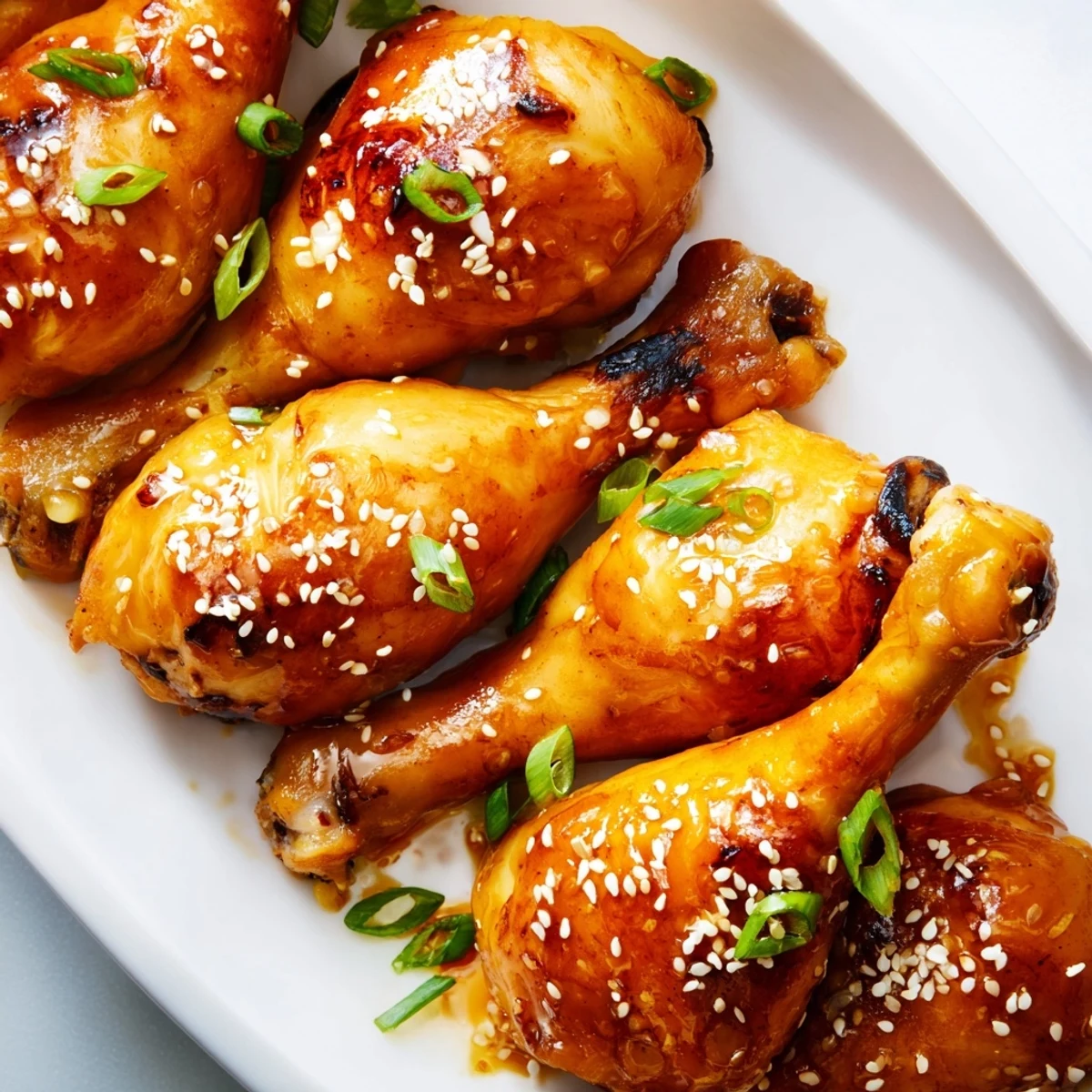 Oven-baked chicken drumsticks arranged in a single layer with glossy honey garlic coating and garnished with sesame seeds