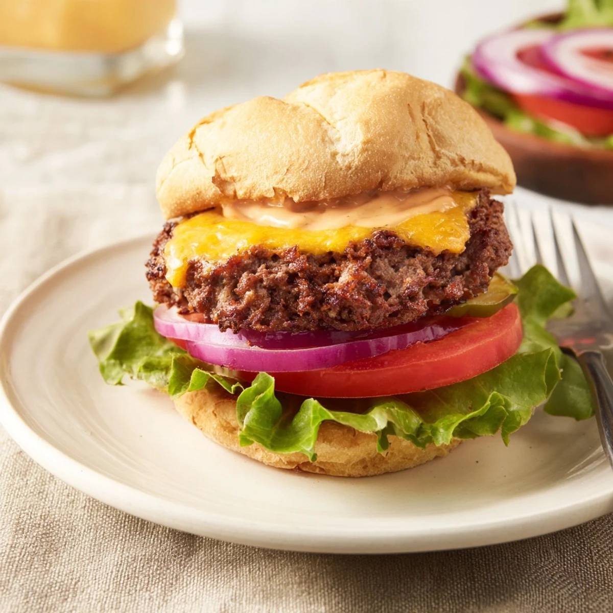 Homemade smash burger with crispy edges, melted American cheese, and fresh vegetables on toasted bun