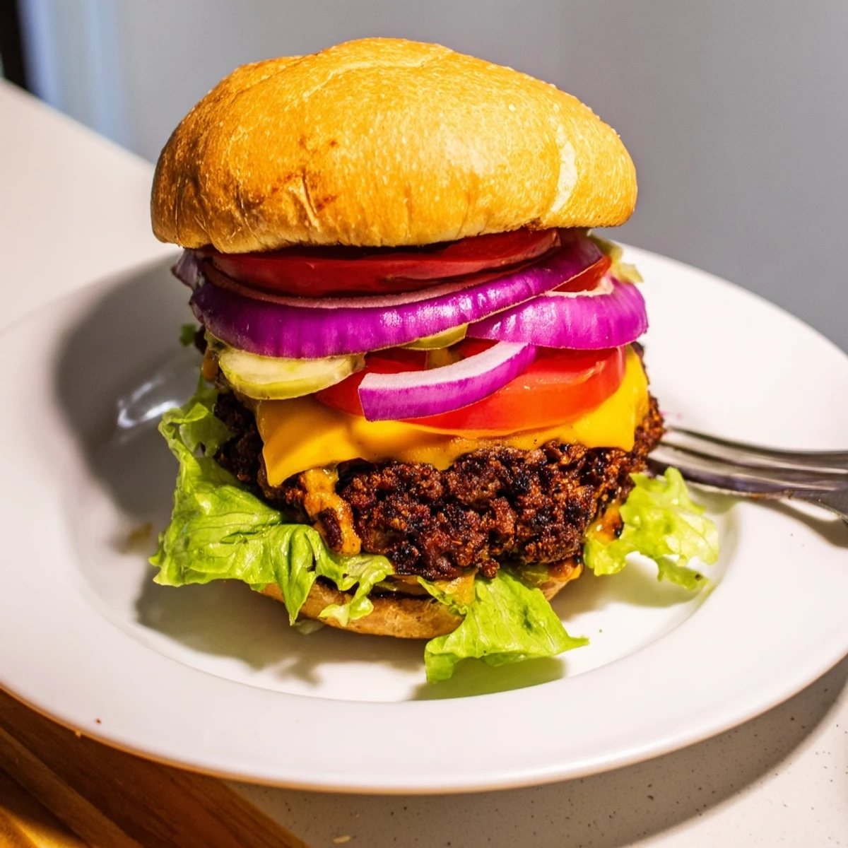 Savory smash burger featuring golden crispy edges, melted cheese slice, and crisp lettuce and tomato