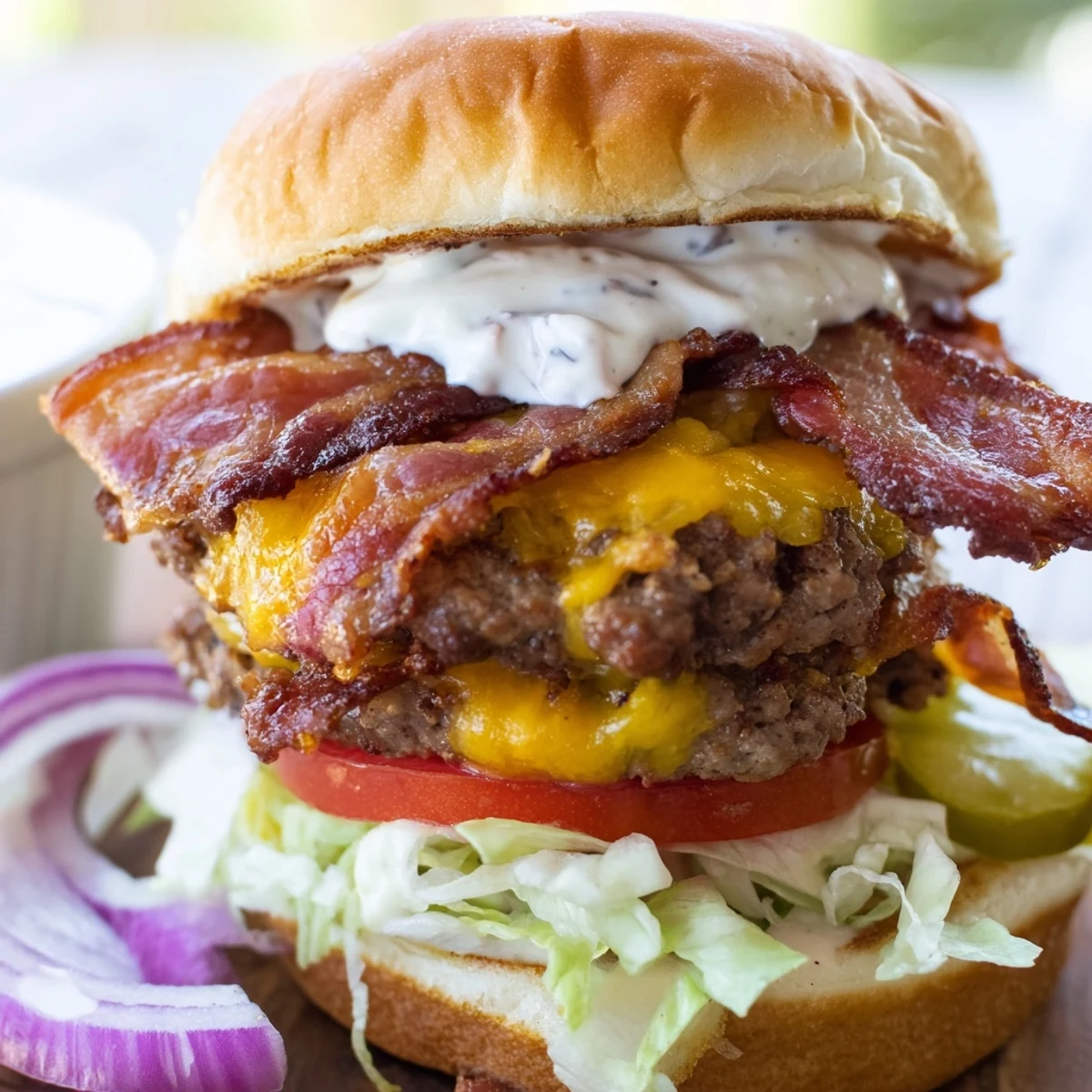 Indulgent crack burger featuring a savory beef patty topped with cheese, bacon, and tangy ranch sauce.