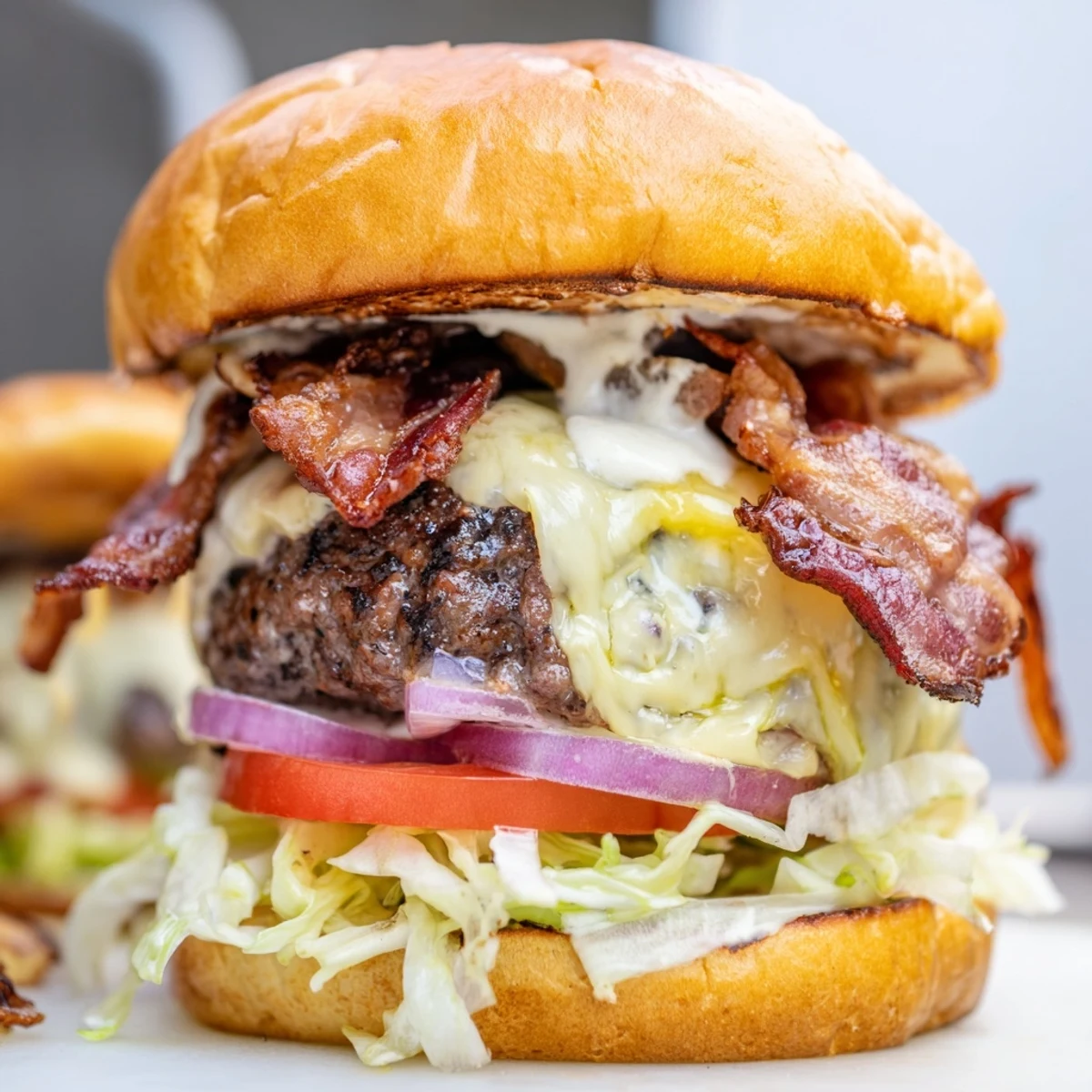 Juicy crack burger stacked with crispy bacon, melted cheddar, and creamy homemade sauce on a toasted brioche bun.