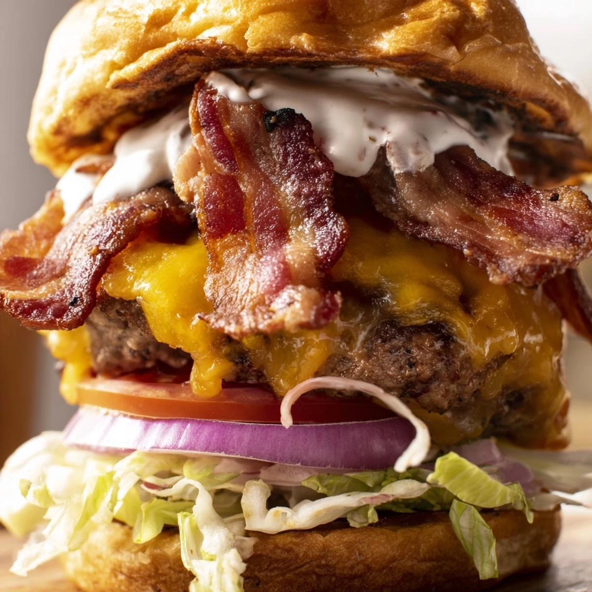 Homemade crack burger with seasoned ground beef, crispy bacon slices, and cheesy crack sauce dripping down the sides.