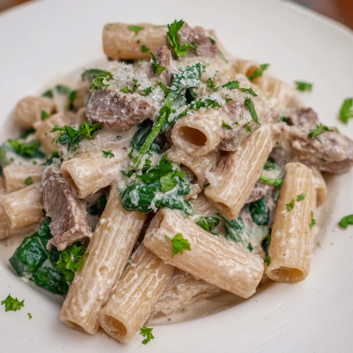 Golden cheesy high protein beef pasta tossed in a rich creamy white sauce with fresh spinach garnish