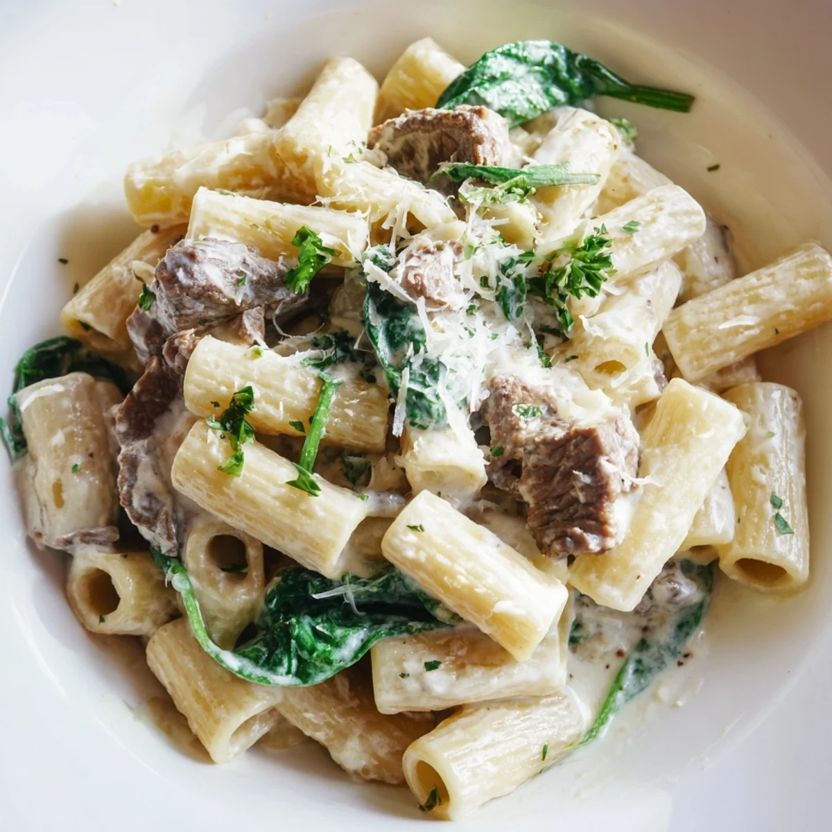 Savory high protein beef pasta plated with parmesan and parsley showing thick velvety sauce coating every strand