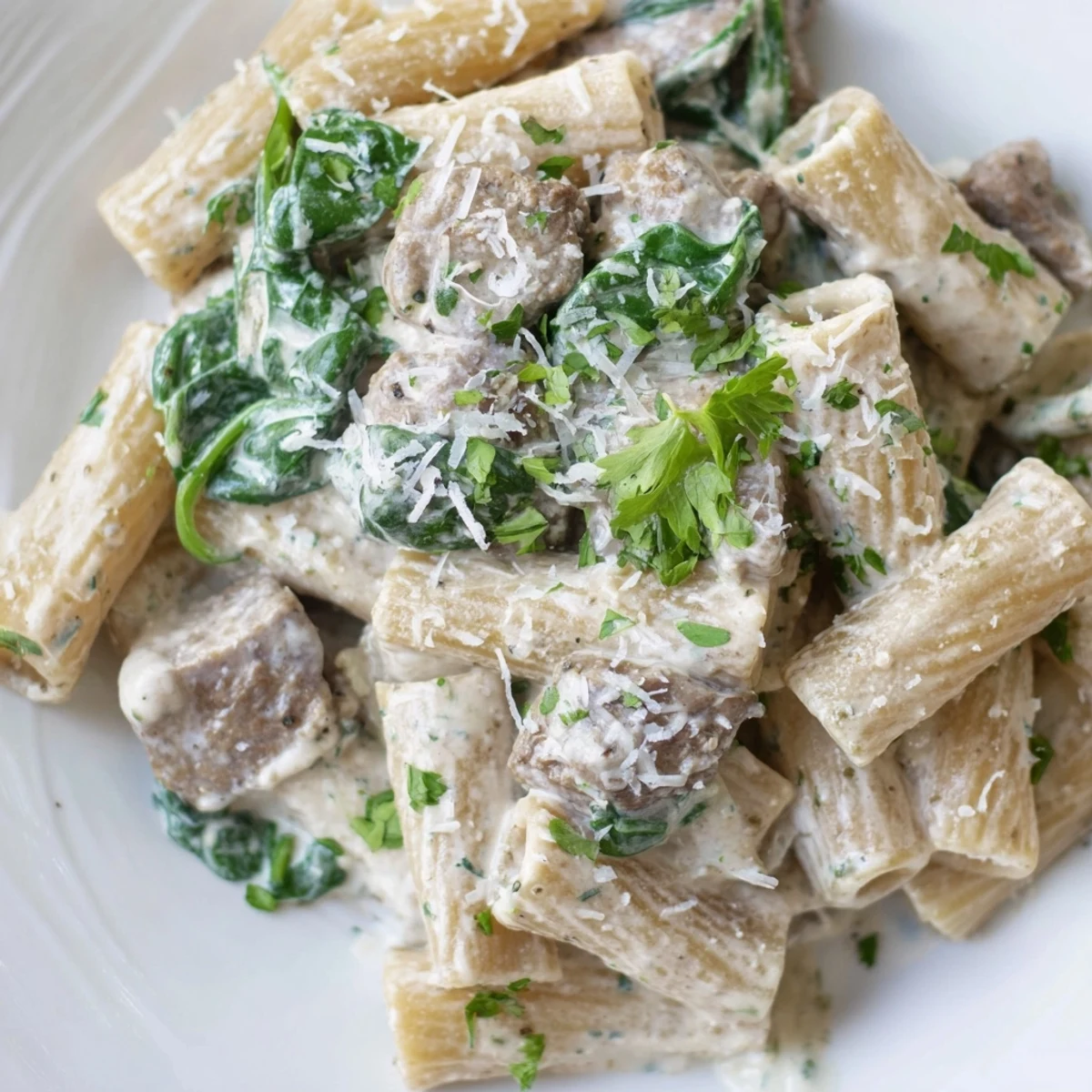 Hearty bowl of creamy high protein beef pasta featuring tender sliced steak and al dente noodles