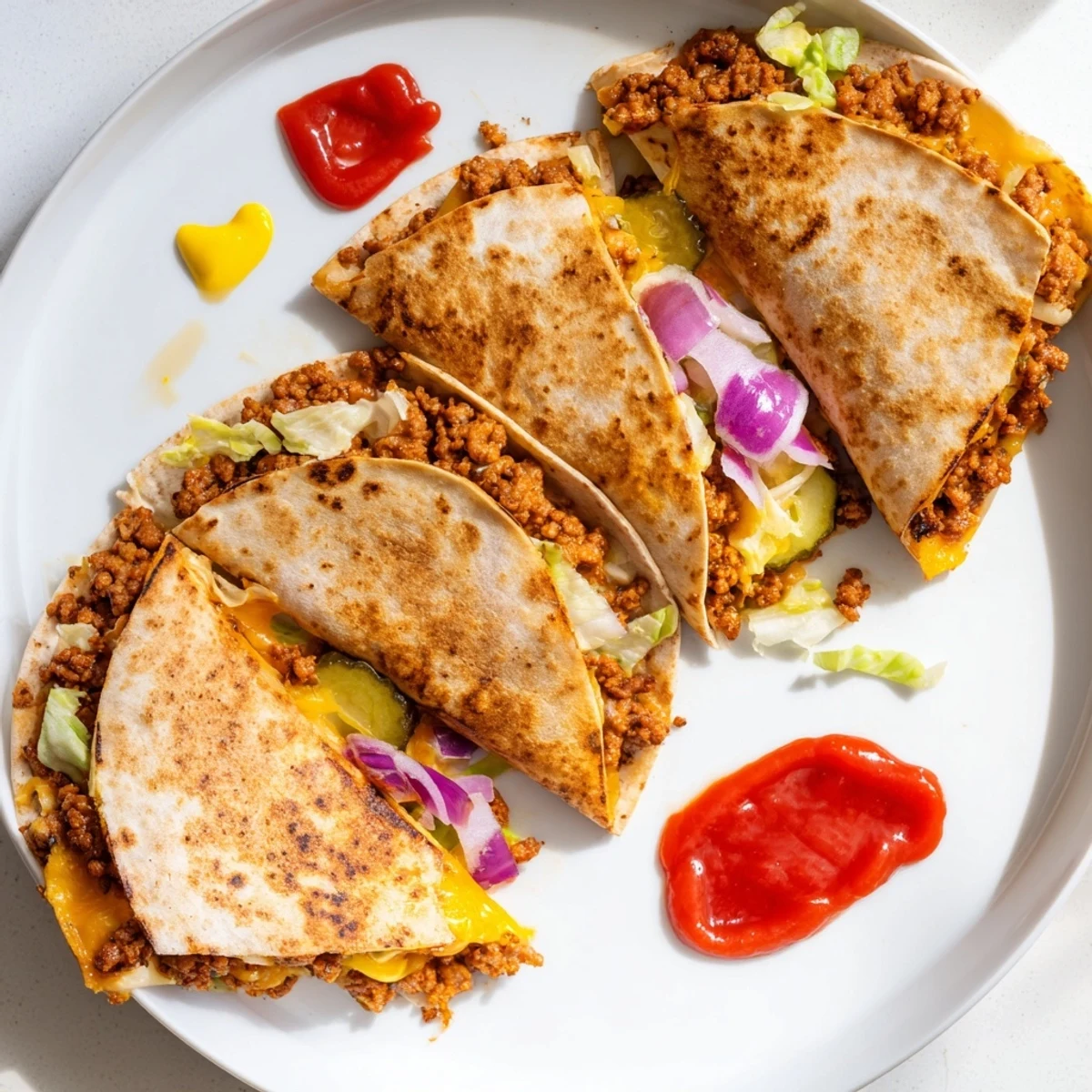 Golden brown smashburger quesadilla sliced into quarters revealing melted cheese, seasoned beef, and fresh toppings