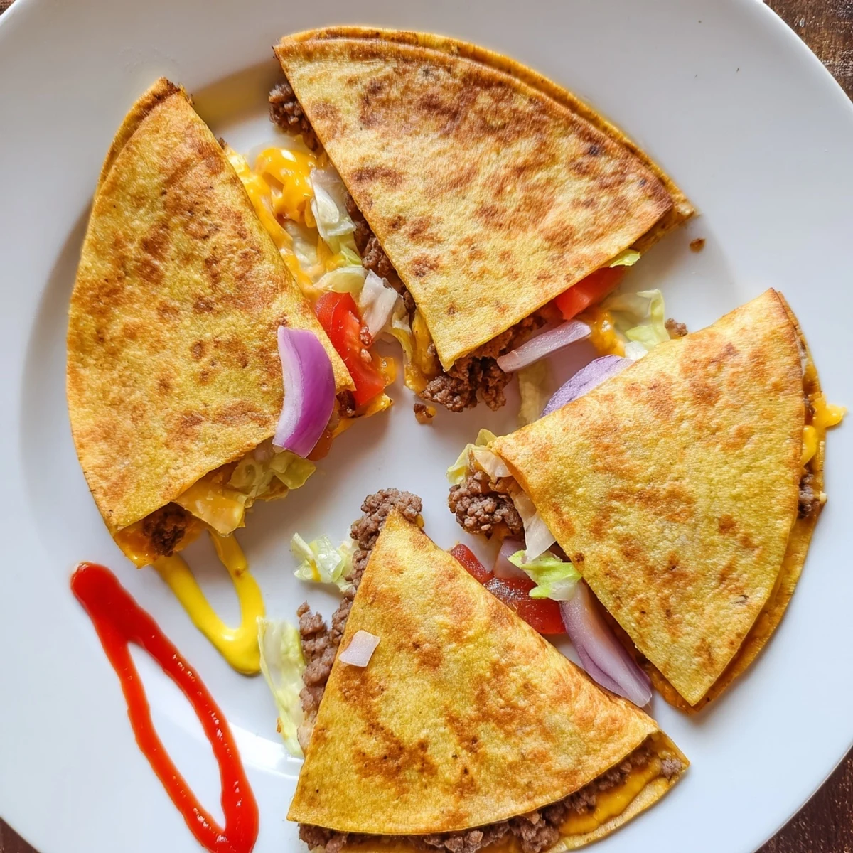 Crispy flour tortilla stuffed with juicy smashburger patty, shredded cheddar, mozzarella, and classic burger condiments
