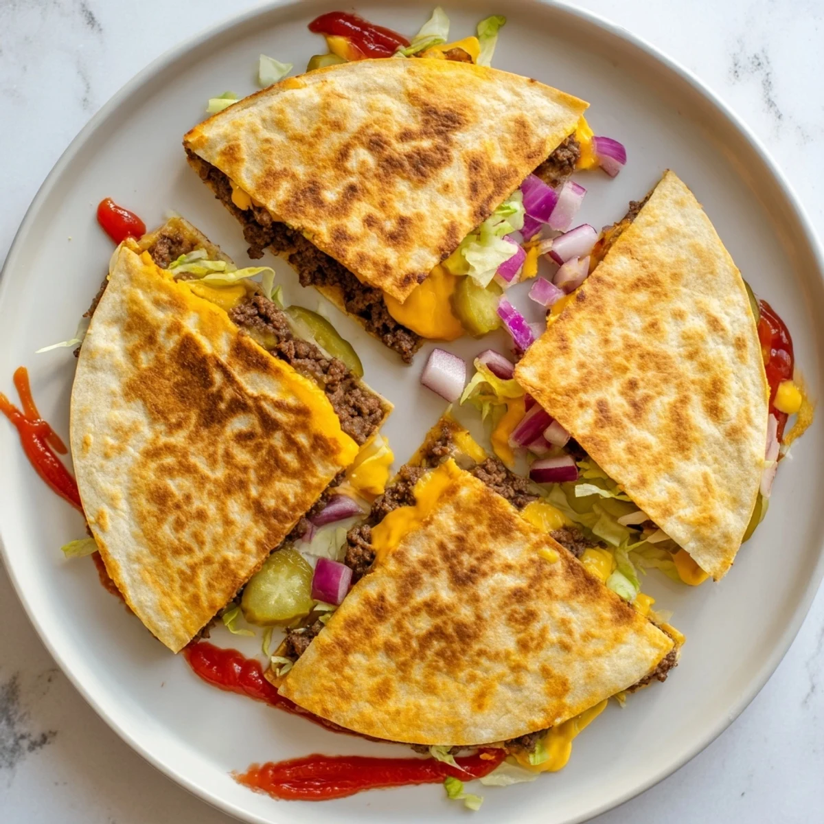 Halved quesadilla on white plate showing layers of ground beef, melted cheese, lettuce, and diced pickles