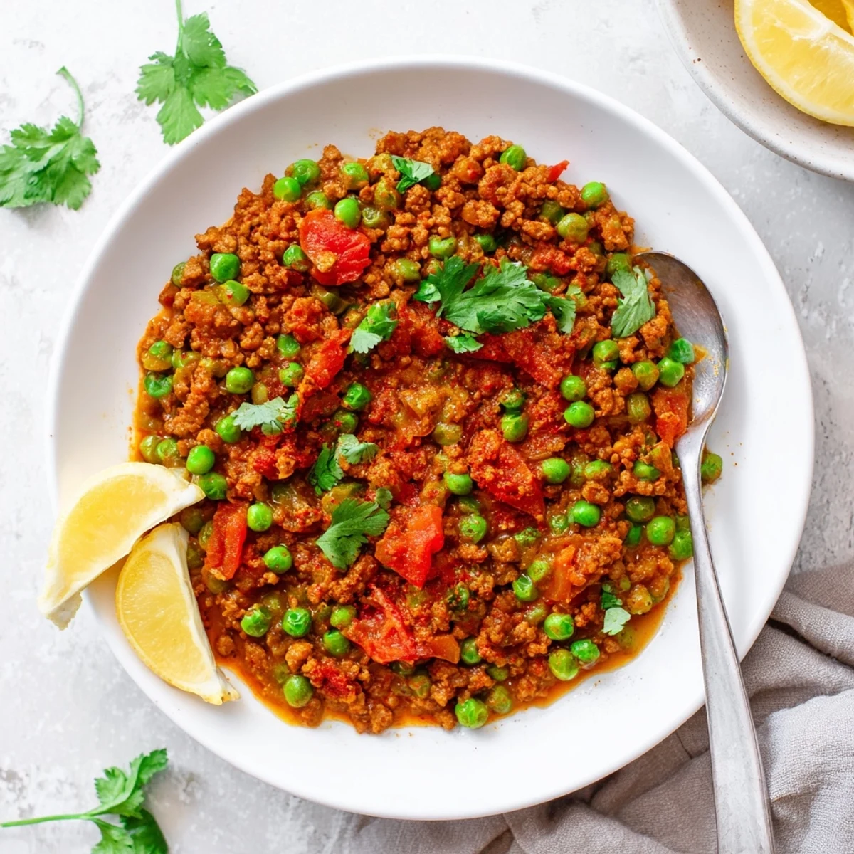 Golden Keema Curry with spiced ground beef, tomatoes, and green peas in a rich, aromatic sauce