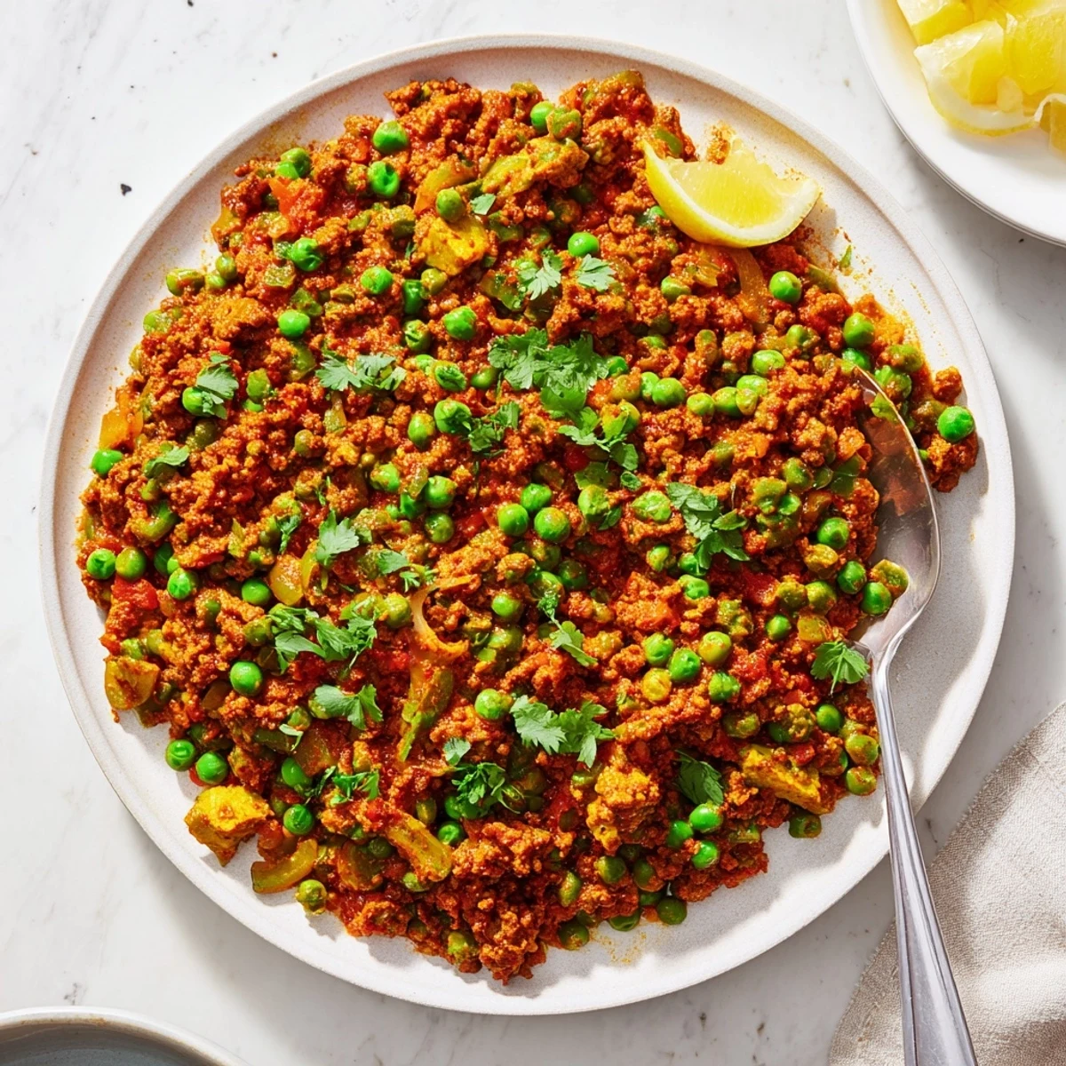 Savory Indian Keema Curry served over fluffy white rice and garnished with fresh cilantro
