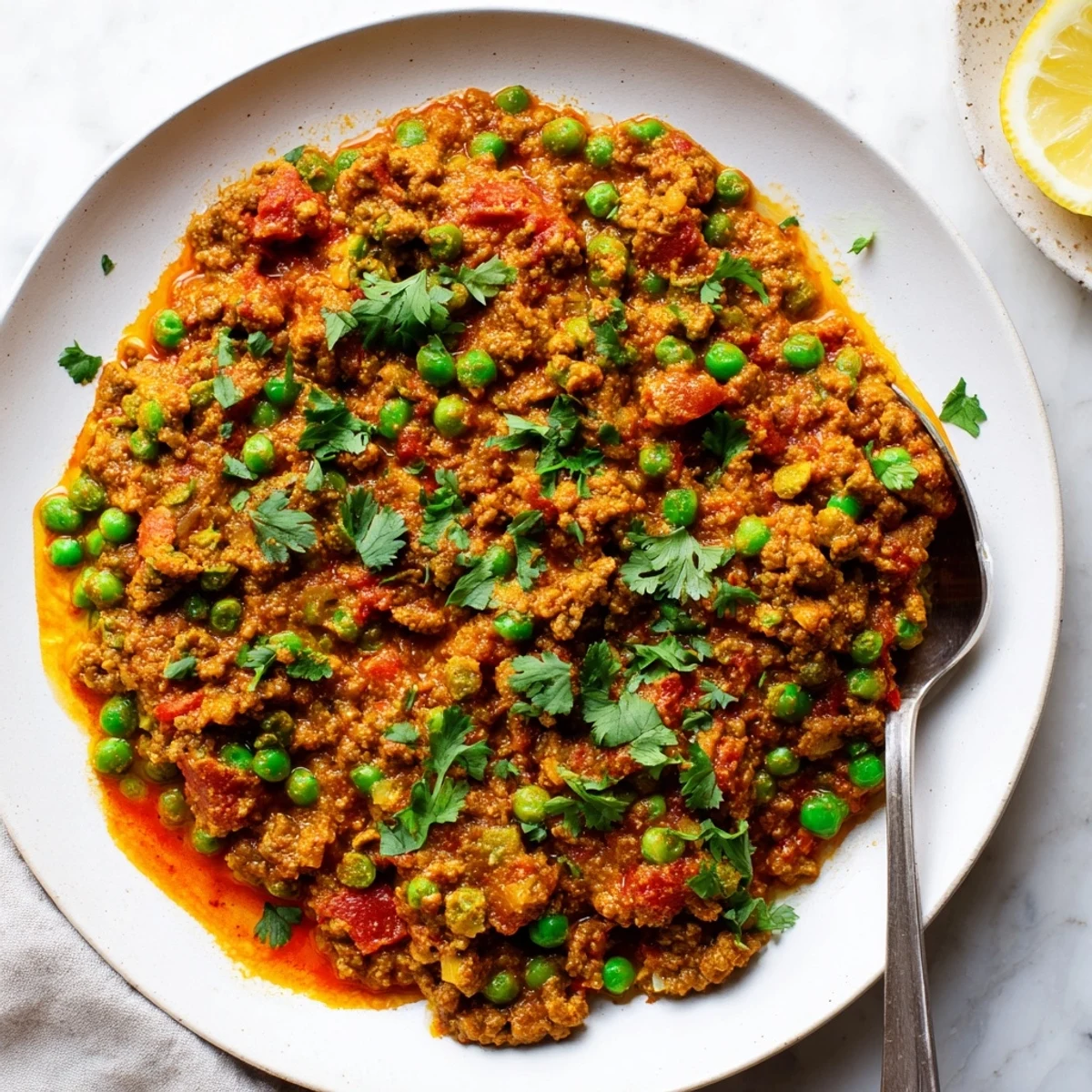 Hearty beef Keema Curry in a skillet featuring tender meat, vibrant peas, and warm spices