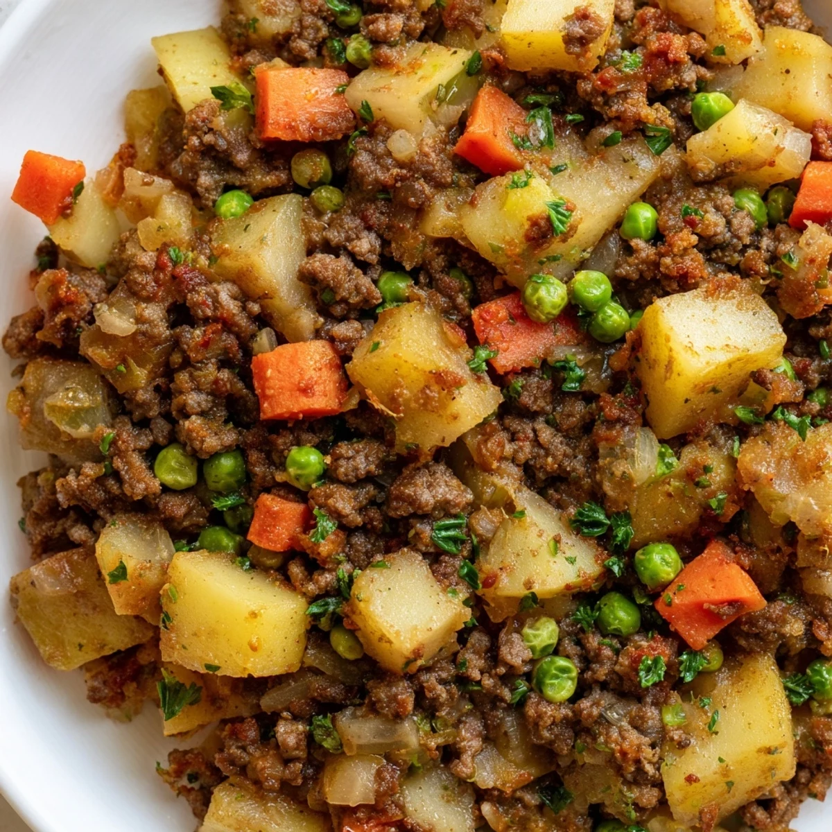 Hearty one pan ground beef and potatoes dinner featuring browned meat cubes and colorful diced vegetables
