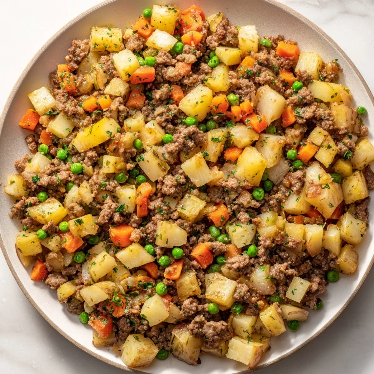 Golden skillet of one pan ground beef and potatoes with tender vegetables and fresh parsley garnish