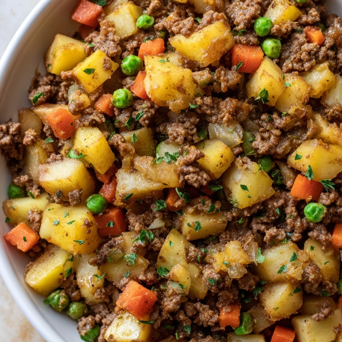 Savory one pan ground beef and potatoes meal served hot with steaming broth and green peas scattered throughout