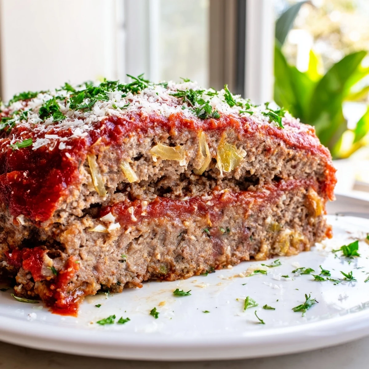 Golden brown garlic parmesan meatloaf topped with ketchup and extra cheese
