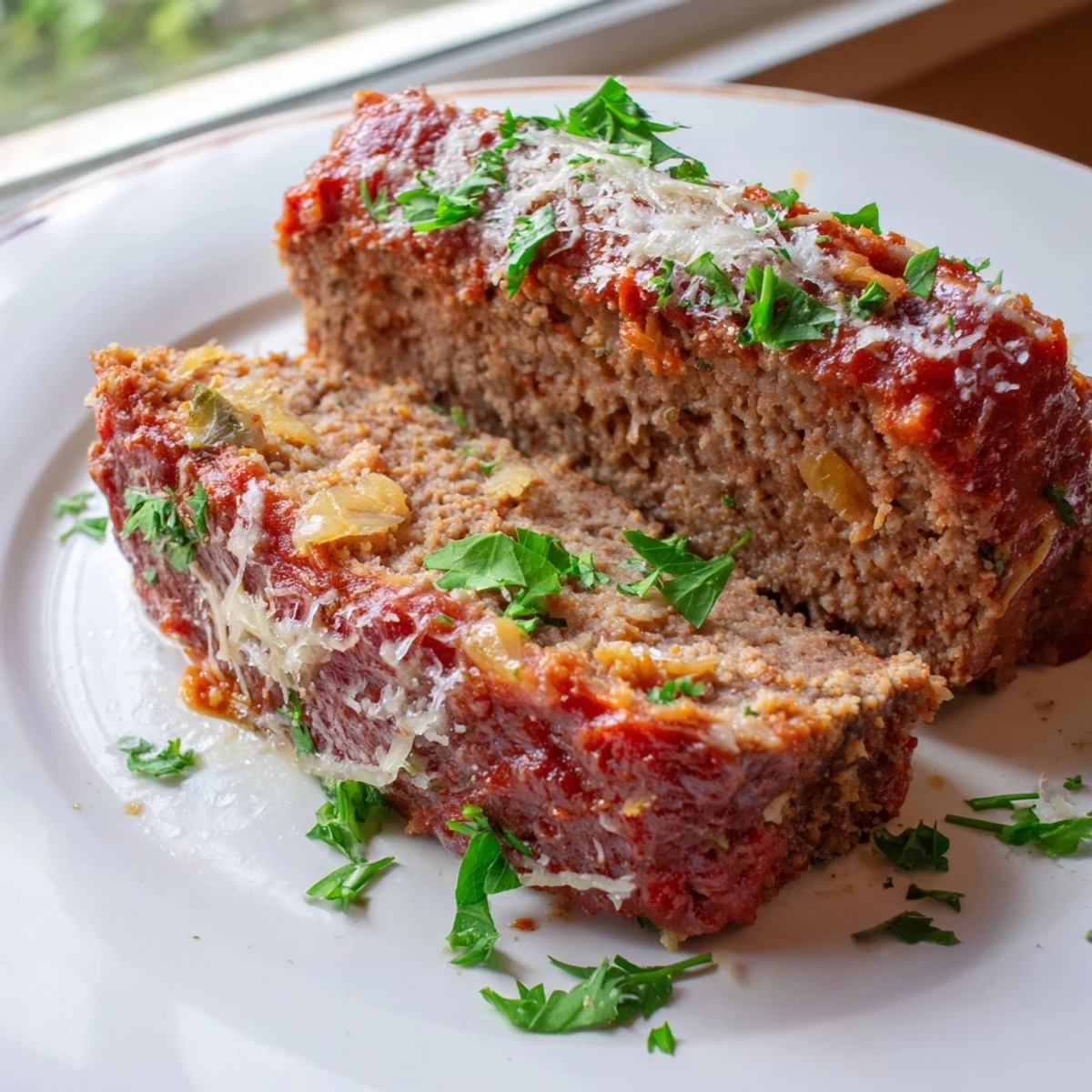 Sliced meatloaf served on a white plate with fresh parsley garnish