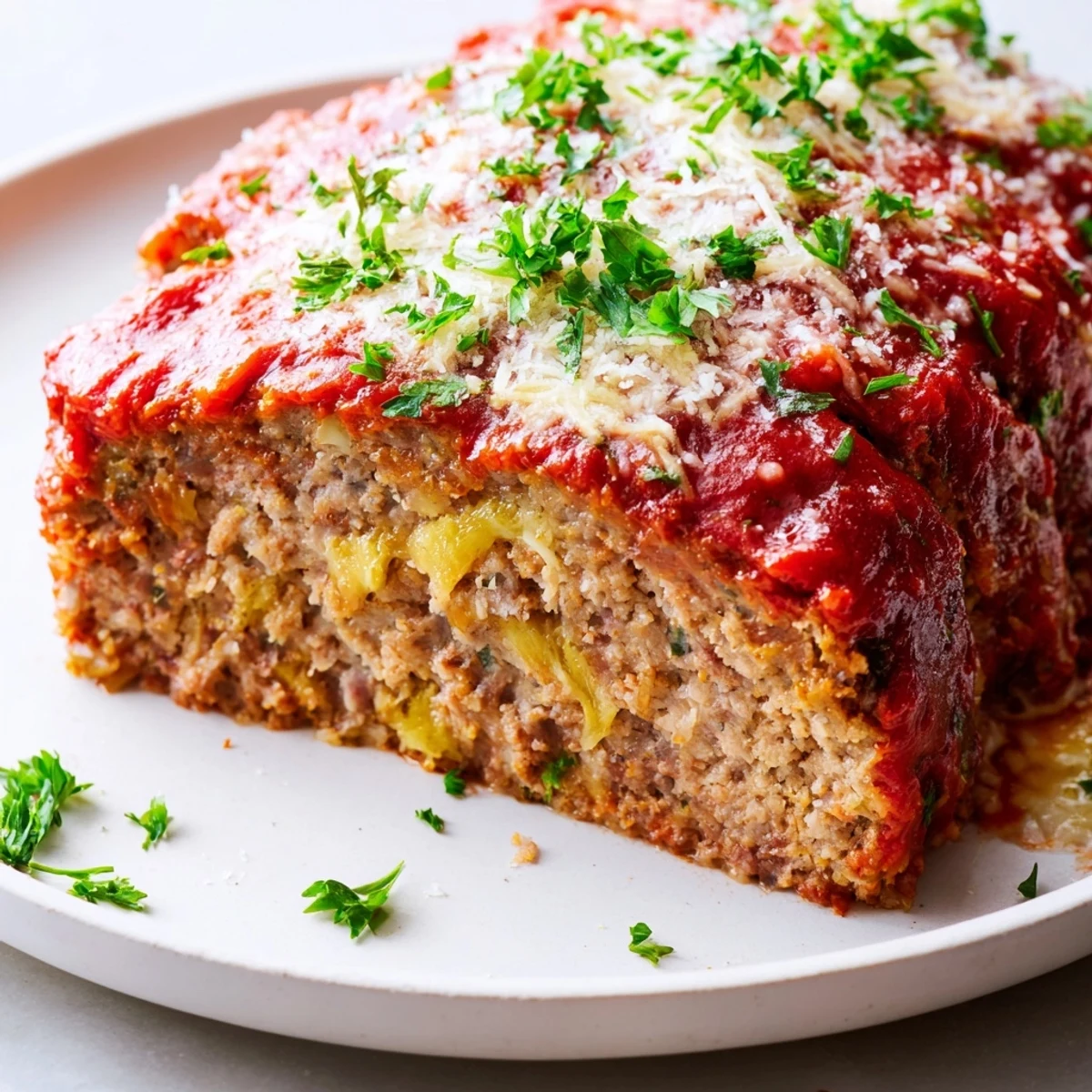 Freshly baked loaf glazed with tomato sauce and sprinkled with parmesan