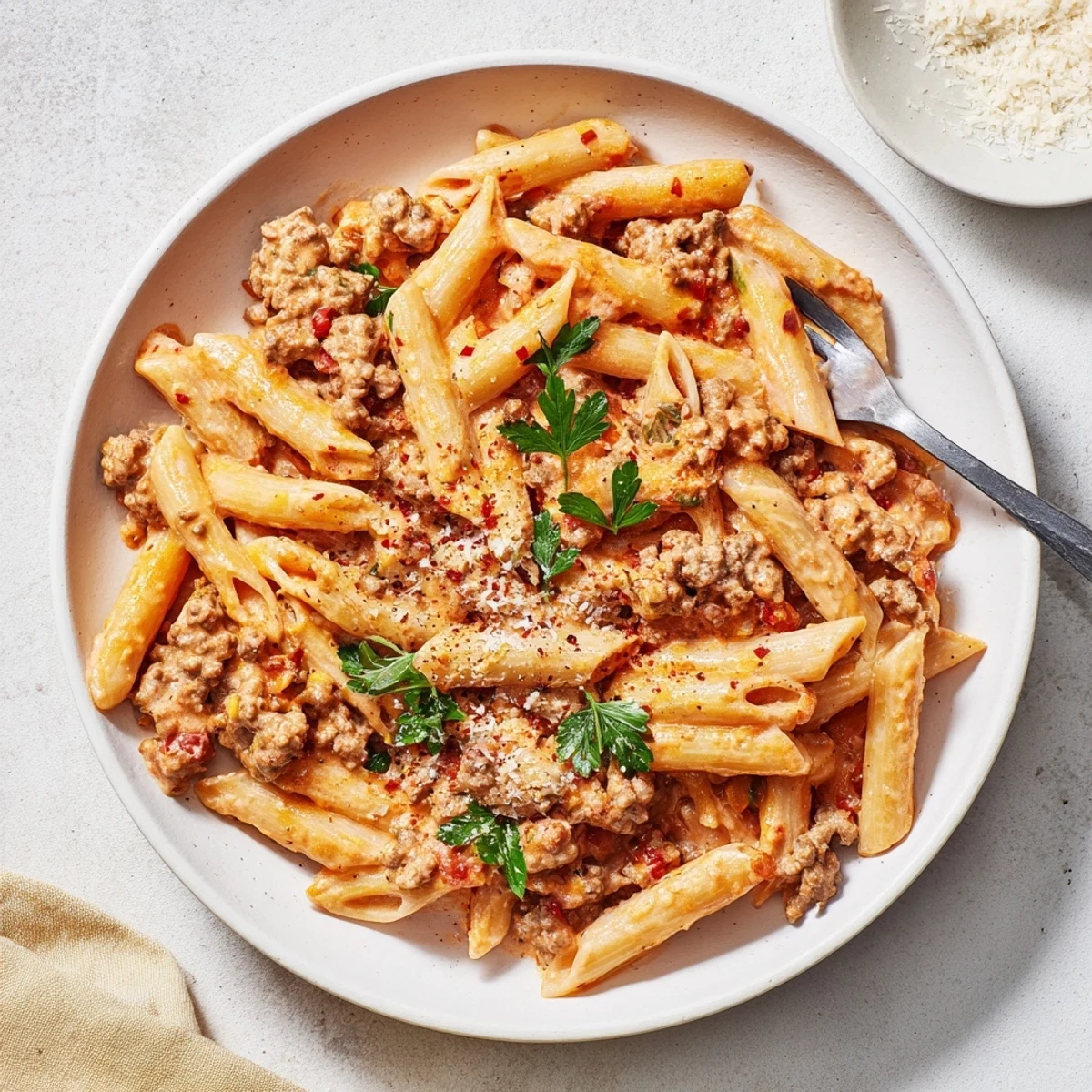 Creamy beef pasta coated in rich parmesan sauce with tender browned ground beef