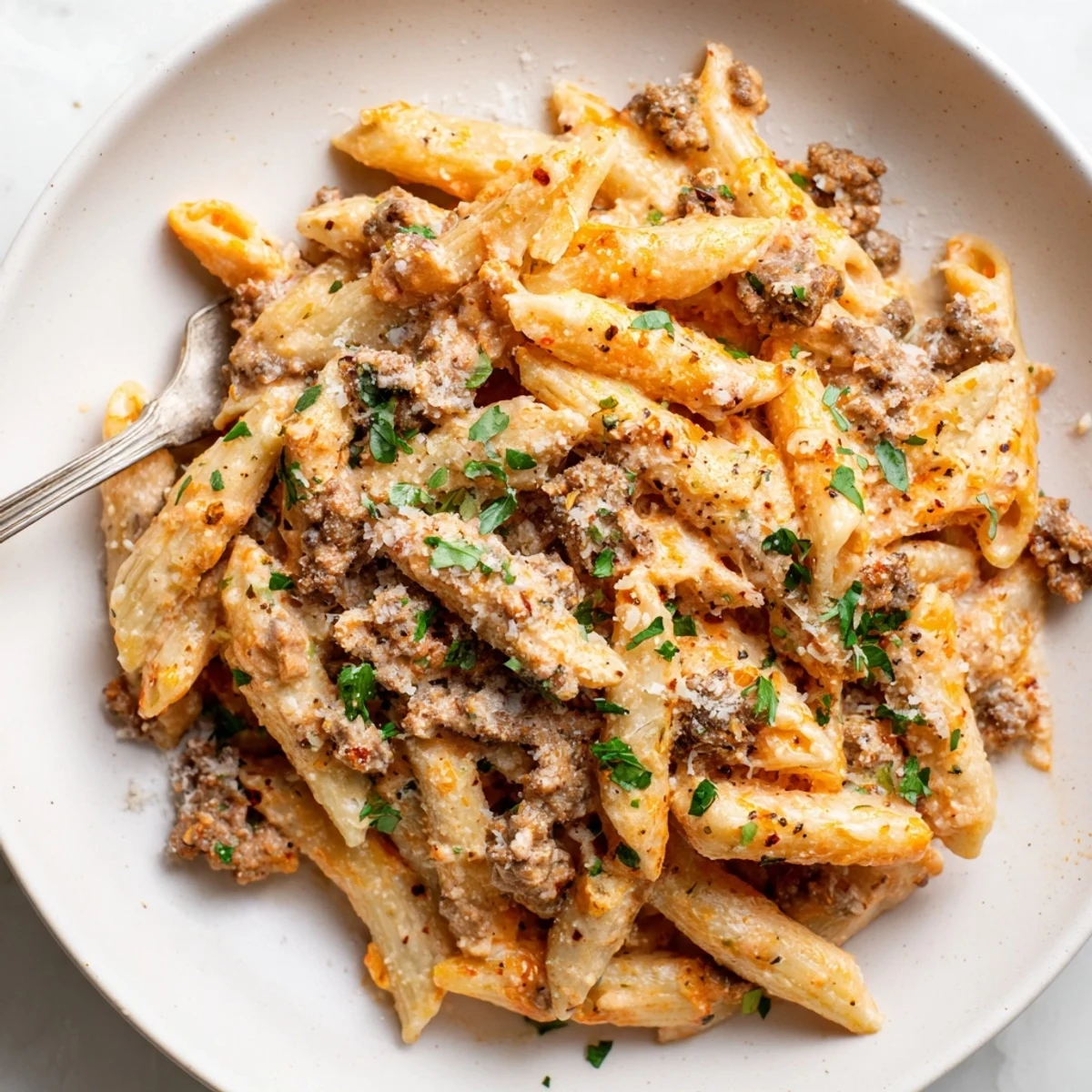 Steaming plate of creamy beef pasta featuring al dente noodles in savory sauce
