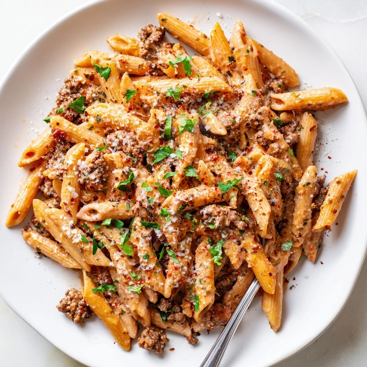 Hearty creamy beef pasta bowl garnished with fresh parsley and extra cheese
