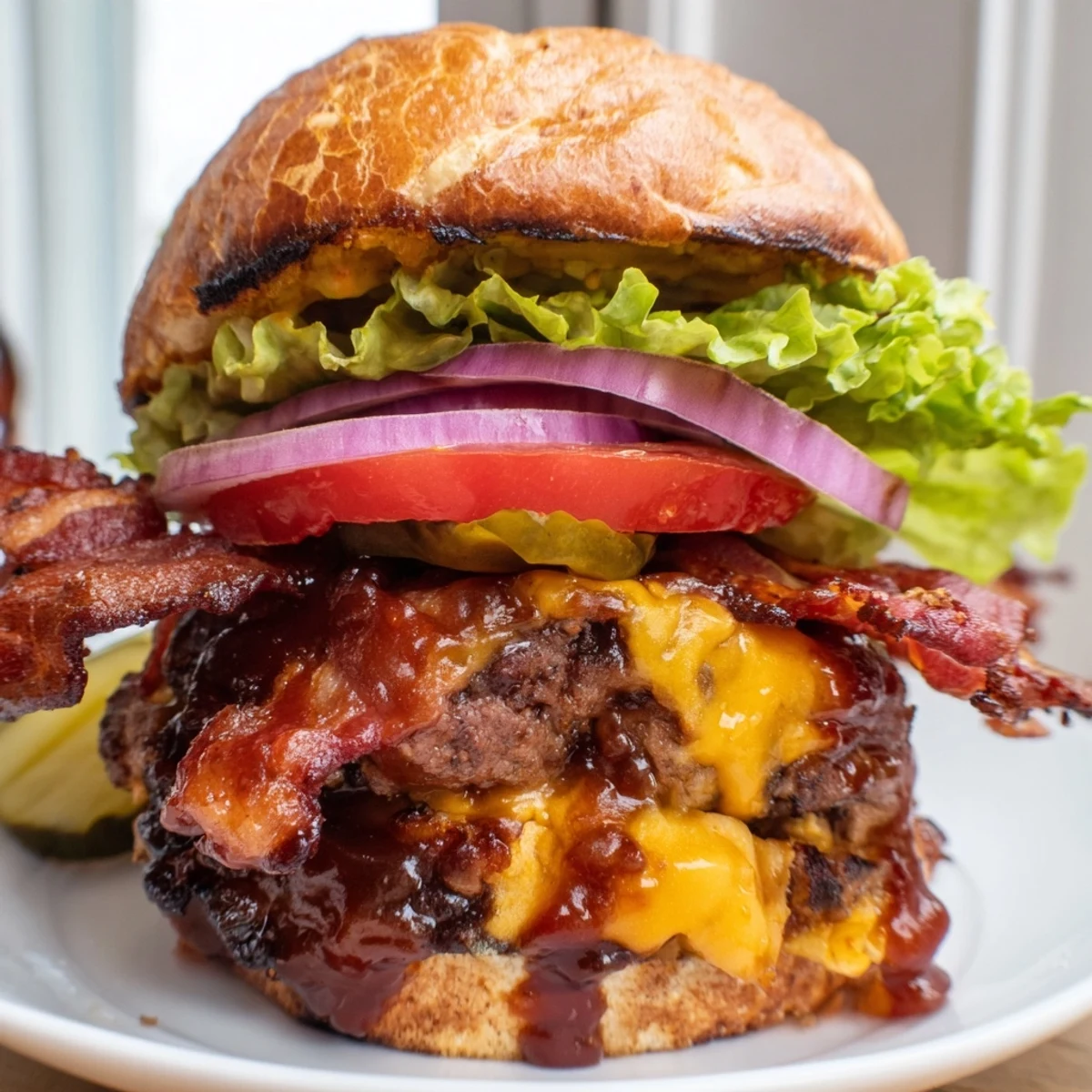 Hearty BBQ bacon burger with melted cheddar and crispy bacon on toasted brioche bun