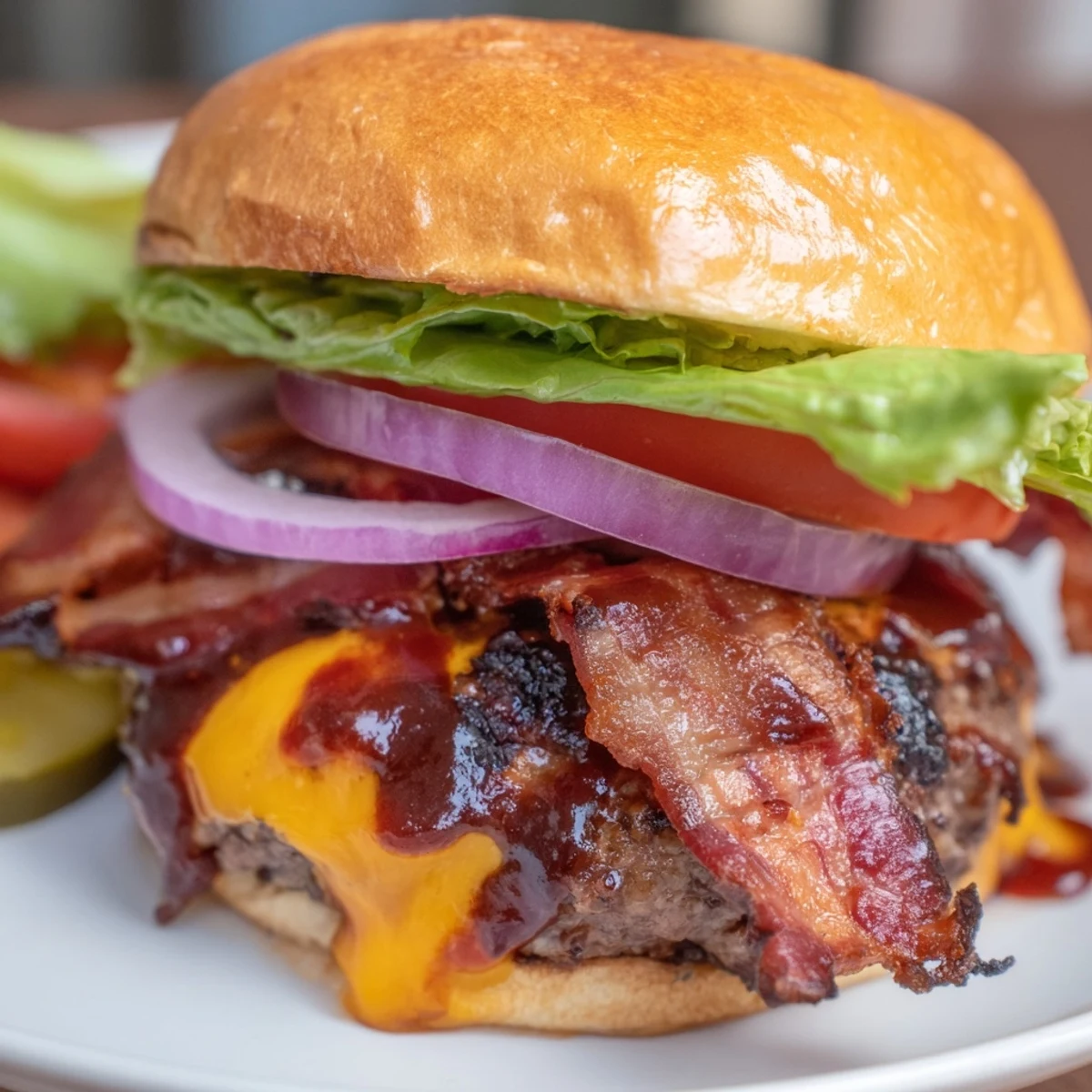 Juicy BBQ bacon burger stacked high with fresh lettuce, tomato, and tangy barbecue sauce