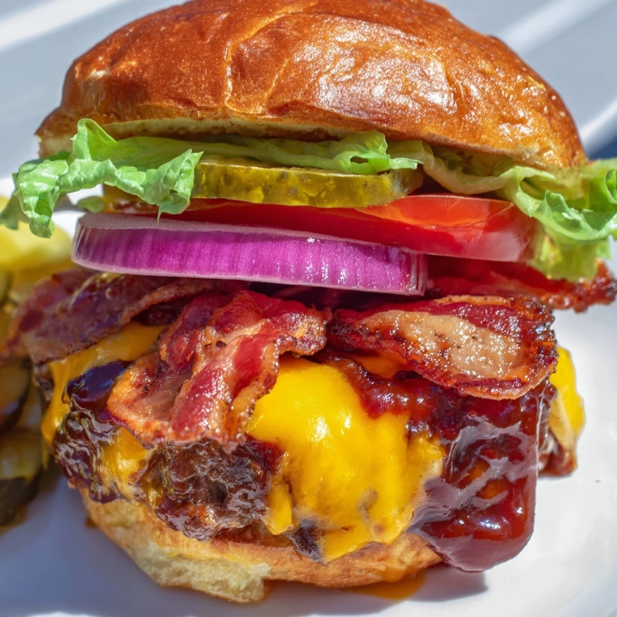 Smoky hearty BBQ bacon burger featuring cheese, bacon, and pickles on a golden sesame bun