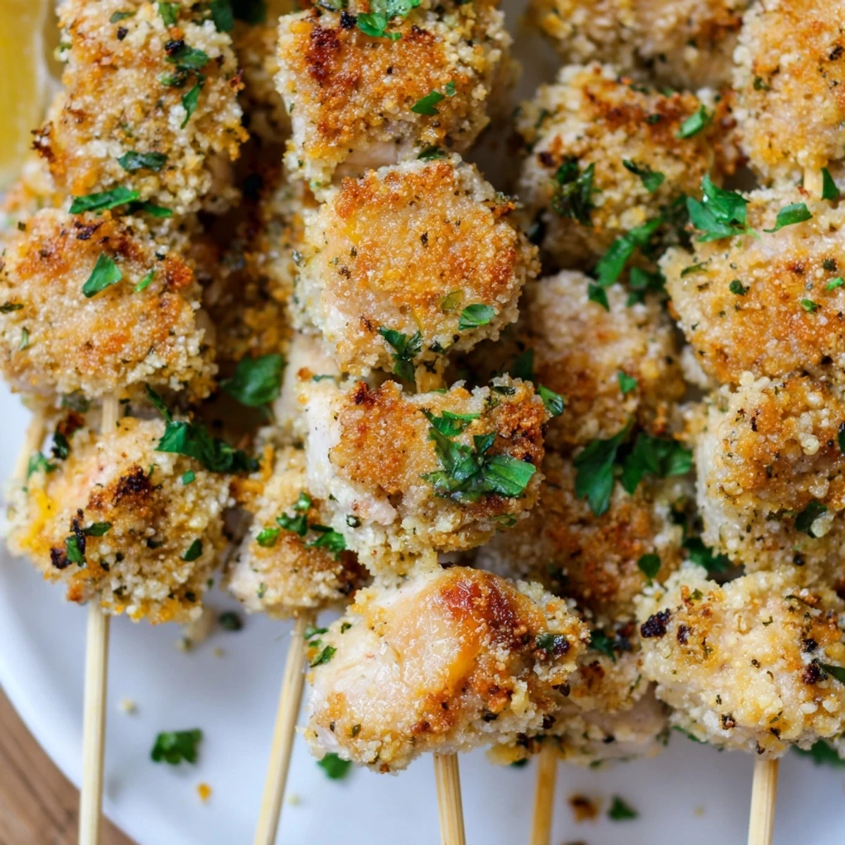 Golden air fryer garlic parmesan chicken skewers with crispy breadcrumb coating and fresh parsley garnish