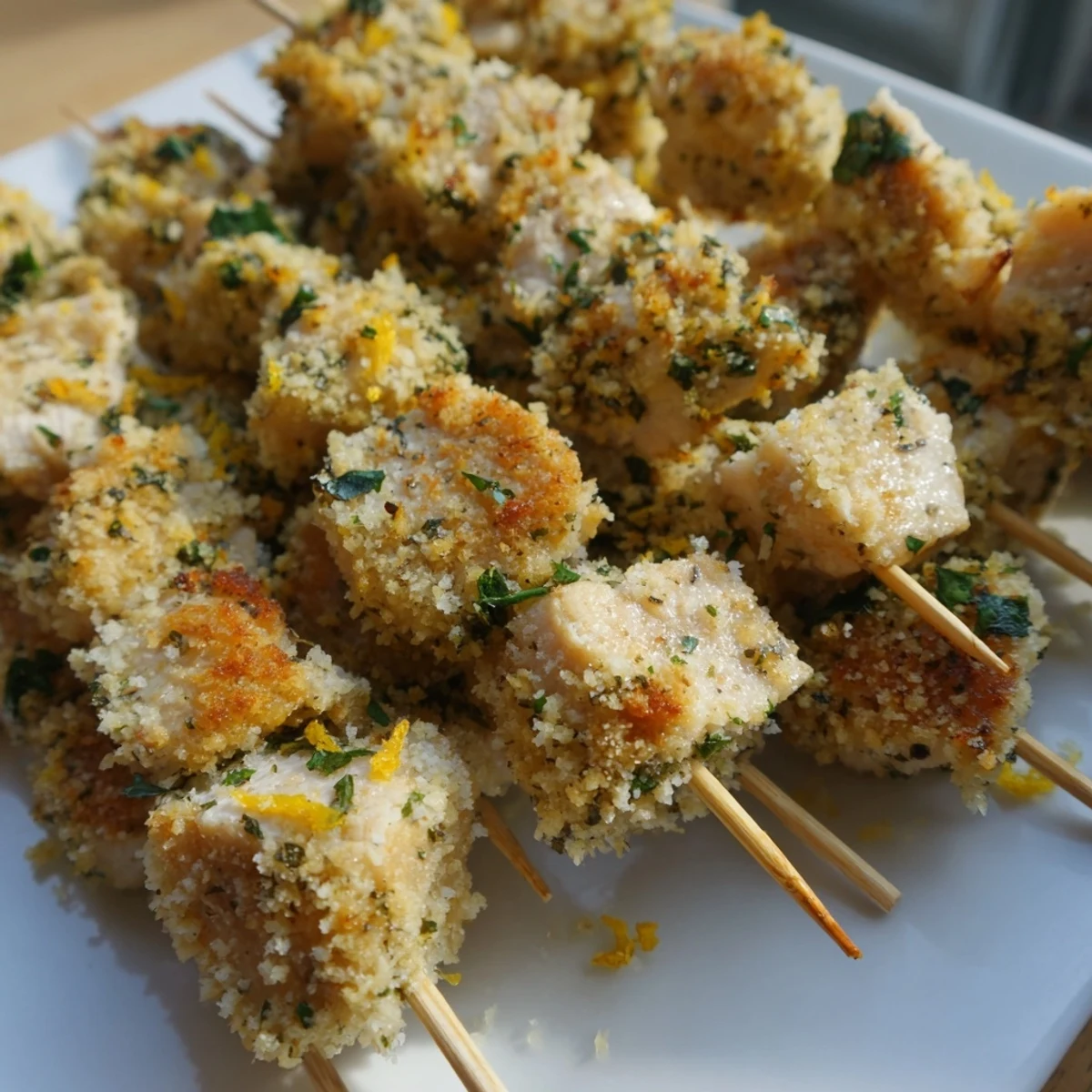 Juicy chicken cubes threaded on skewers, air fried to golden perfection with savory garlic parmesan crust