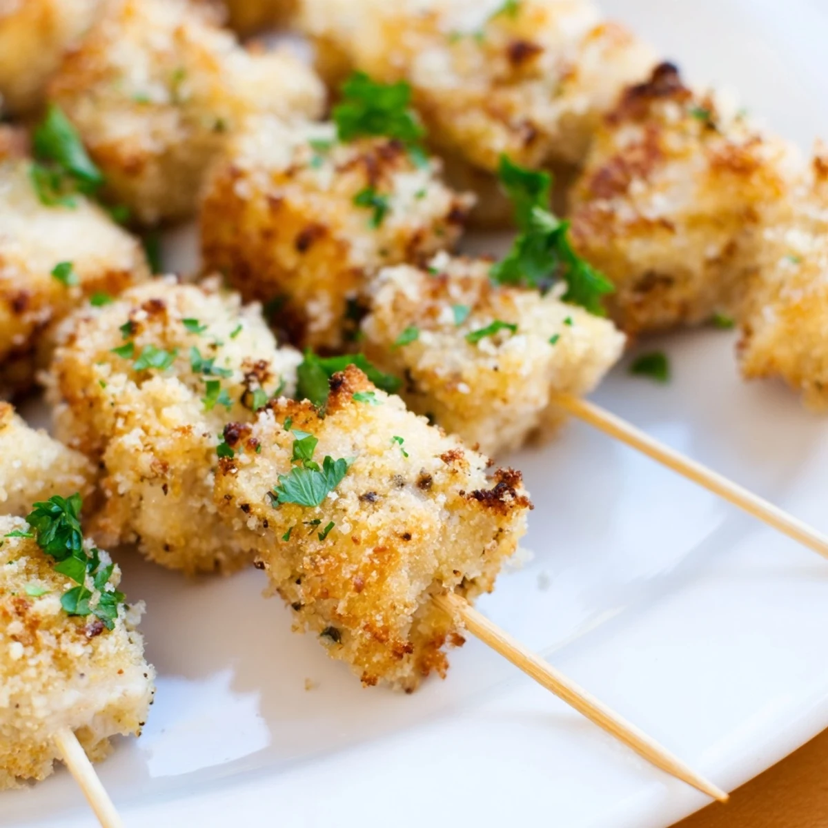 Crispy parmesan crusted chicken skewers fresh from the air fryer, sprinkled with lemon zest and herbs