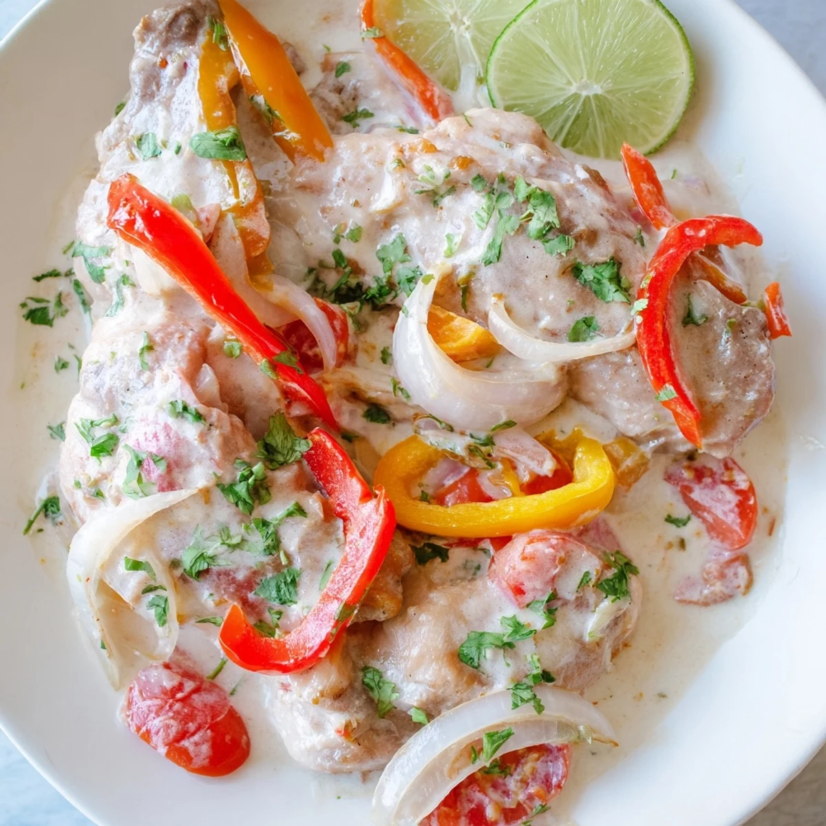 Golden chicken thighs simmered in rich creamy coconut milk sauce with colorful bell peppers and fresh cilantro garnish