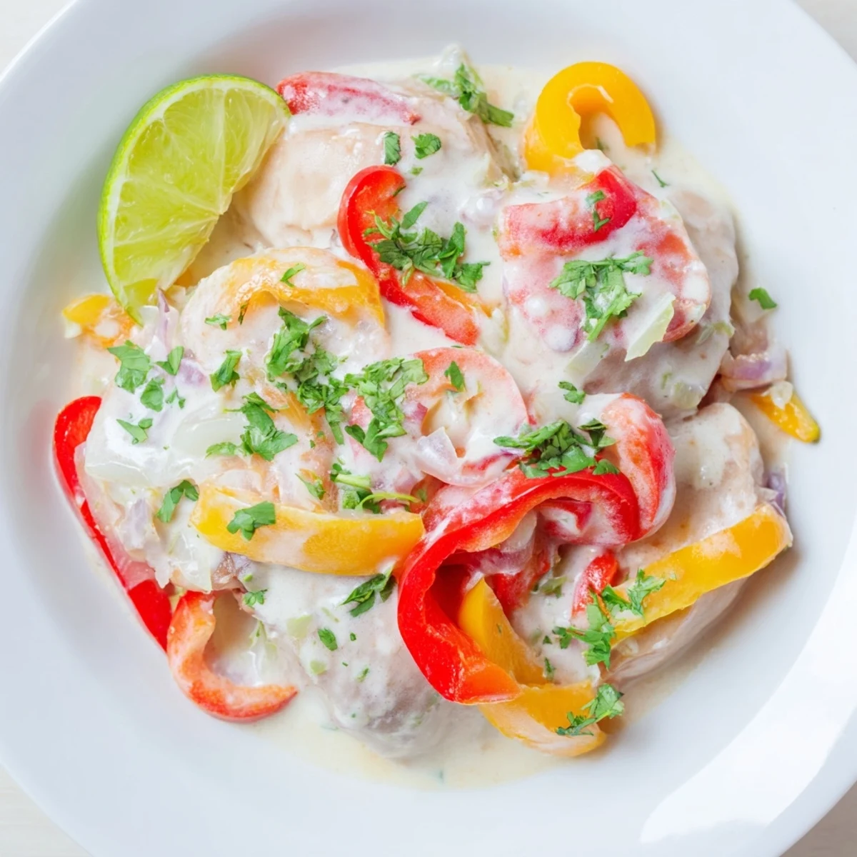 Spicy Brazilian coconut chicken served in a shallow bowl over steamed white rice with lime wedges on the side