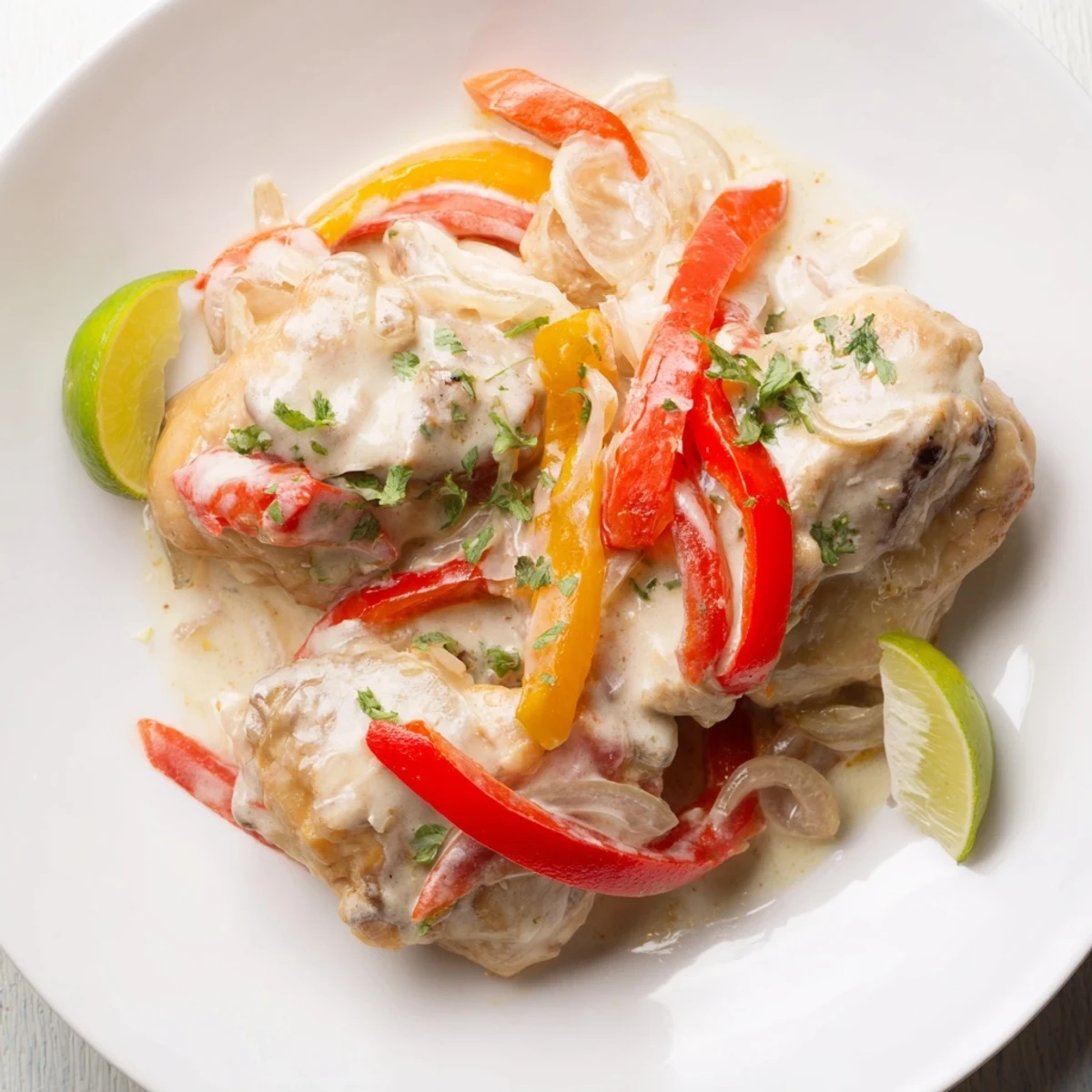 Tender chunks of marinated chicken swimming in vibrant red-orange coconut sauce topped with chopped cilantro and diced tomatoes