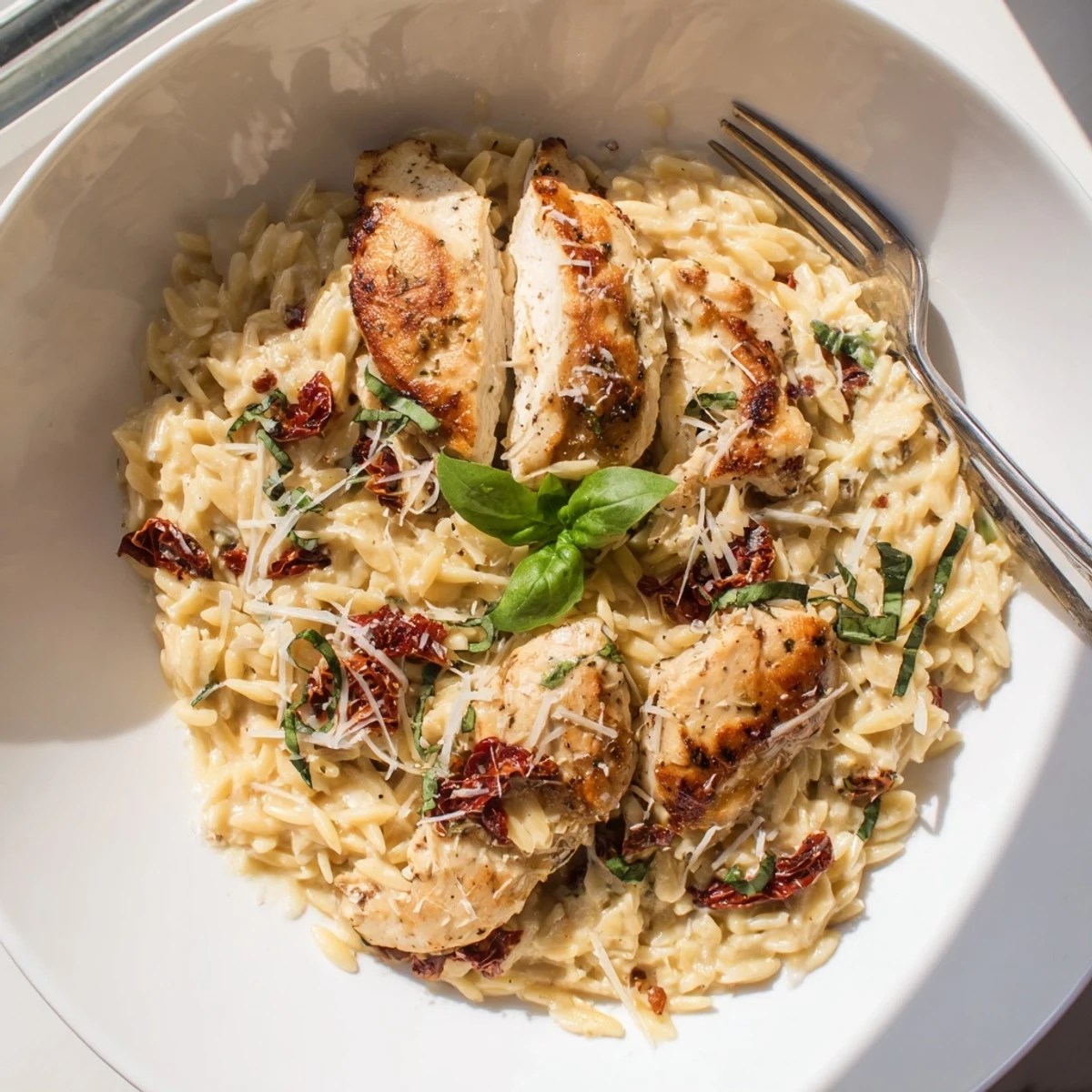 Creamy Marry Me Chicken Orzo with sun-dried tomatoes and fresh basil in a white serving bowl