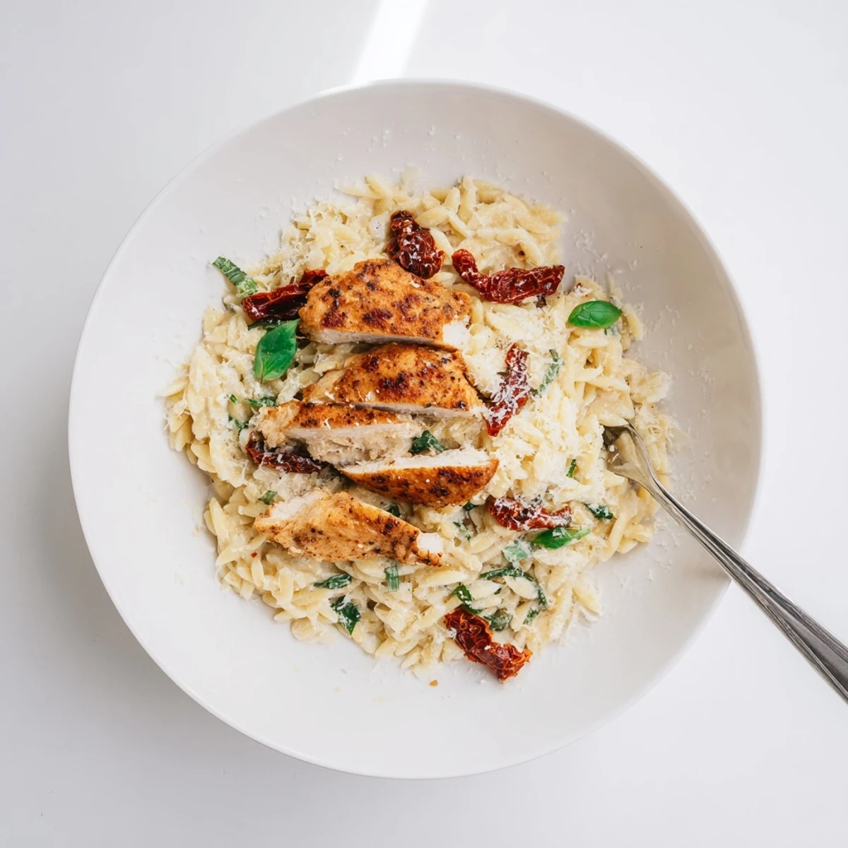 Golden seared chicken breasts nestled in rich orzo pasta with vibrant sun-dried tomato cream sauce