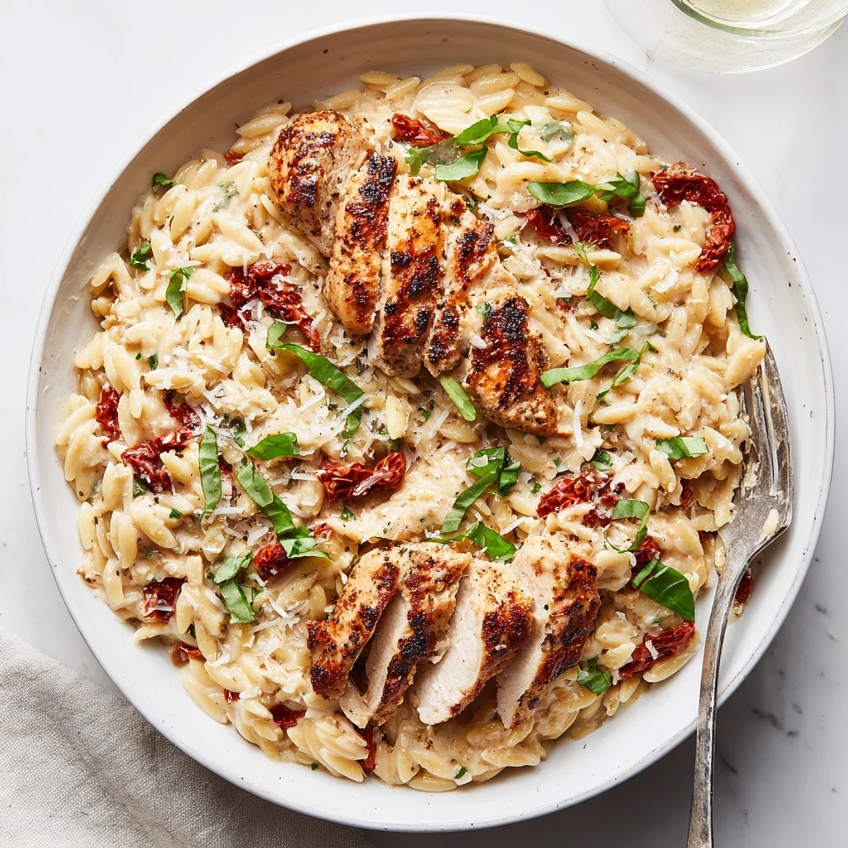 Savory chicken and orzo dish topped with grated Parmesan and chopped herbs on rustic wooden table