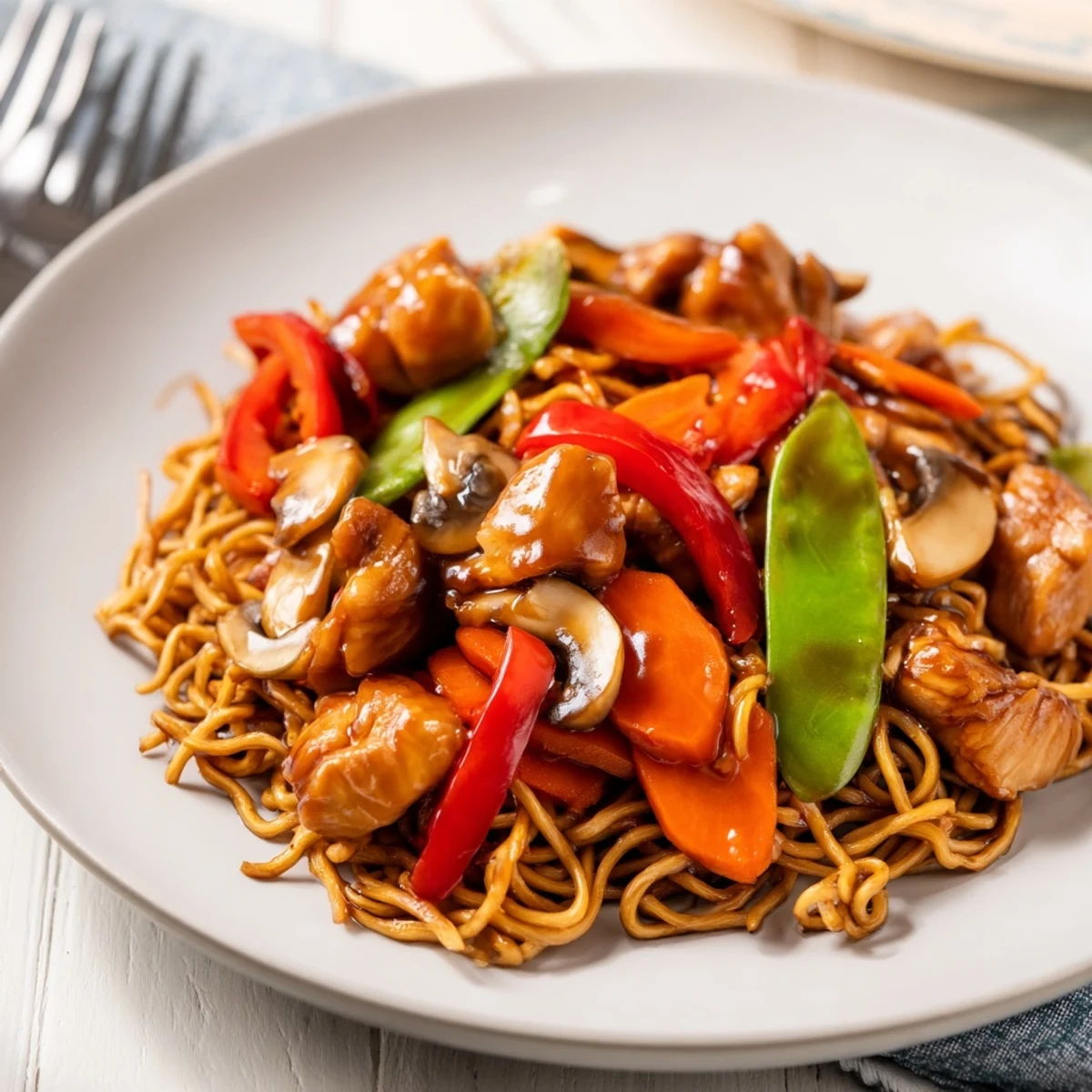 Chinese-style chicken lo mein tossed with vegetables and garnished with sesame seeds and fresh green onions